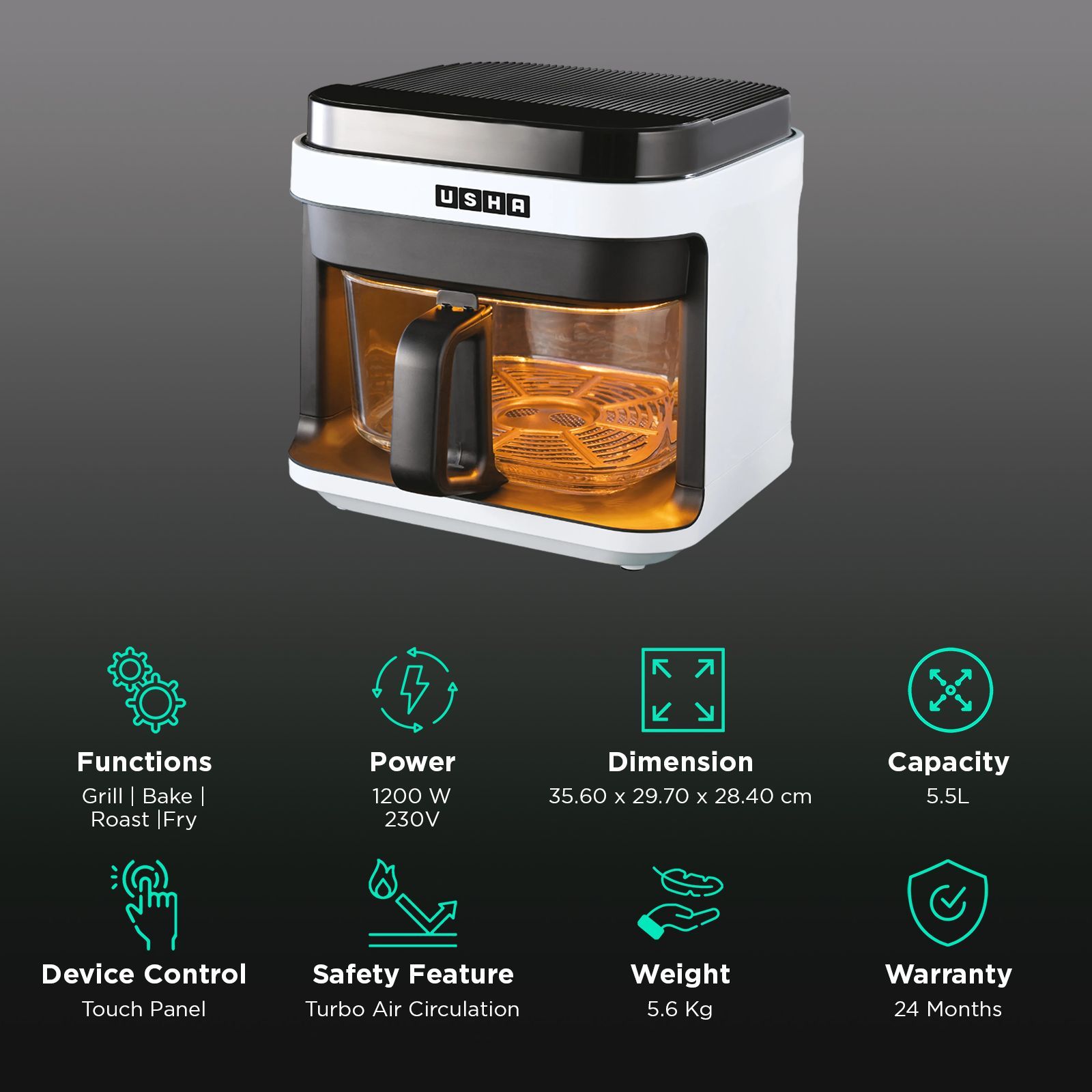 USHA iChef Smart 5.5L 1200 Watt Digital Air Fryer with Turbo Air Circulation Technology (White)_3
