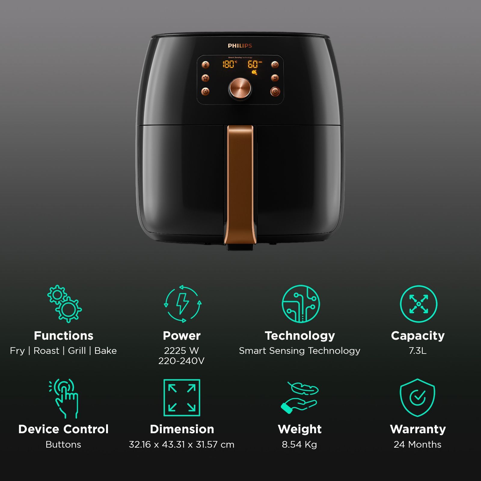 PHILIPS HD9867/90 7.3L 2225 Watt Air Fryer with Smart Sensing Technology (Deep Black and Copper) PHILIPS HD9867/90 7.3L 2225 Watt Air Fryer with Smart Sensing Technology (Deep Black and Copper)_3