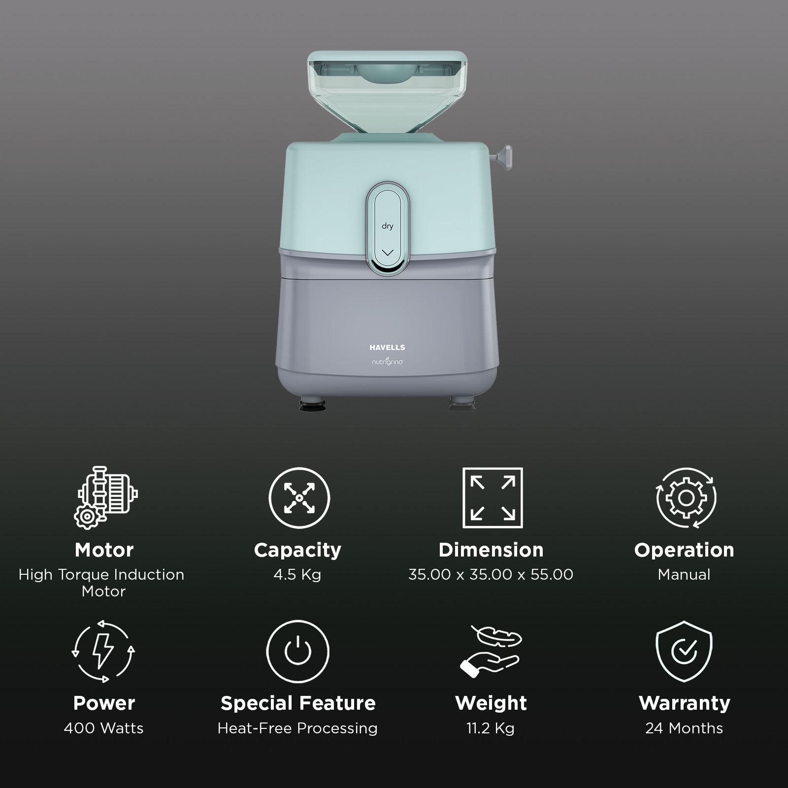 HAVELLS nutrigrind 400 Watts 4.5 Kg Flour Mill Machine (Built in Overload Protection, GHFWGGQG040, Green & Grey) HAVELLS nutrigrind 400 Watts 4.5 Kg Flour Mill Machine (Built in Overload Protection, GHFWGGQG040, Green & Grey)_2