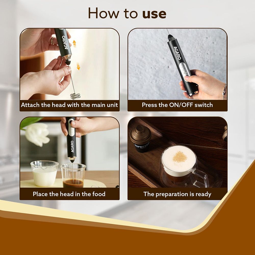 Agaro Royal 4 Watt 3 Speed Milk Frother with 2 Attachments (Rechargeable, Black) Agaro Royal 4 Watt 3 Speed Milk Frother with 2 Attachments (Rechargeable, Black)_6