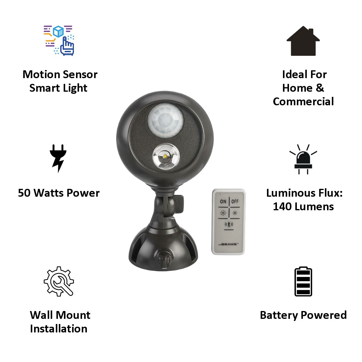 MR BEAMS Electric Powered 50 Watt Remote Control Motion Sensor Smart Light (MB371, Black)_4