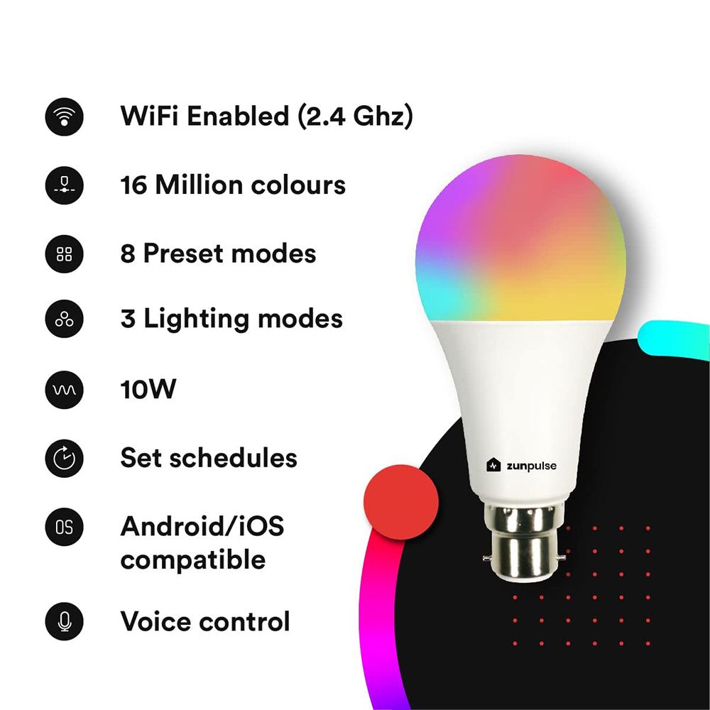 zunpulse 10 Watts Electric Powered LED Bulb (Voice Control with 8 Preset and 3 Lighting Modes, b22, White) zunpulse 10 Watts Electric Powered LED Bulb (Voice Control with 8 Preset and 3 Lighting Modes, b22, White)_2