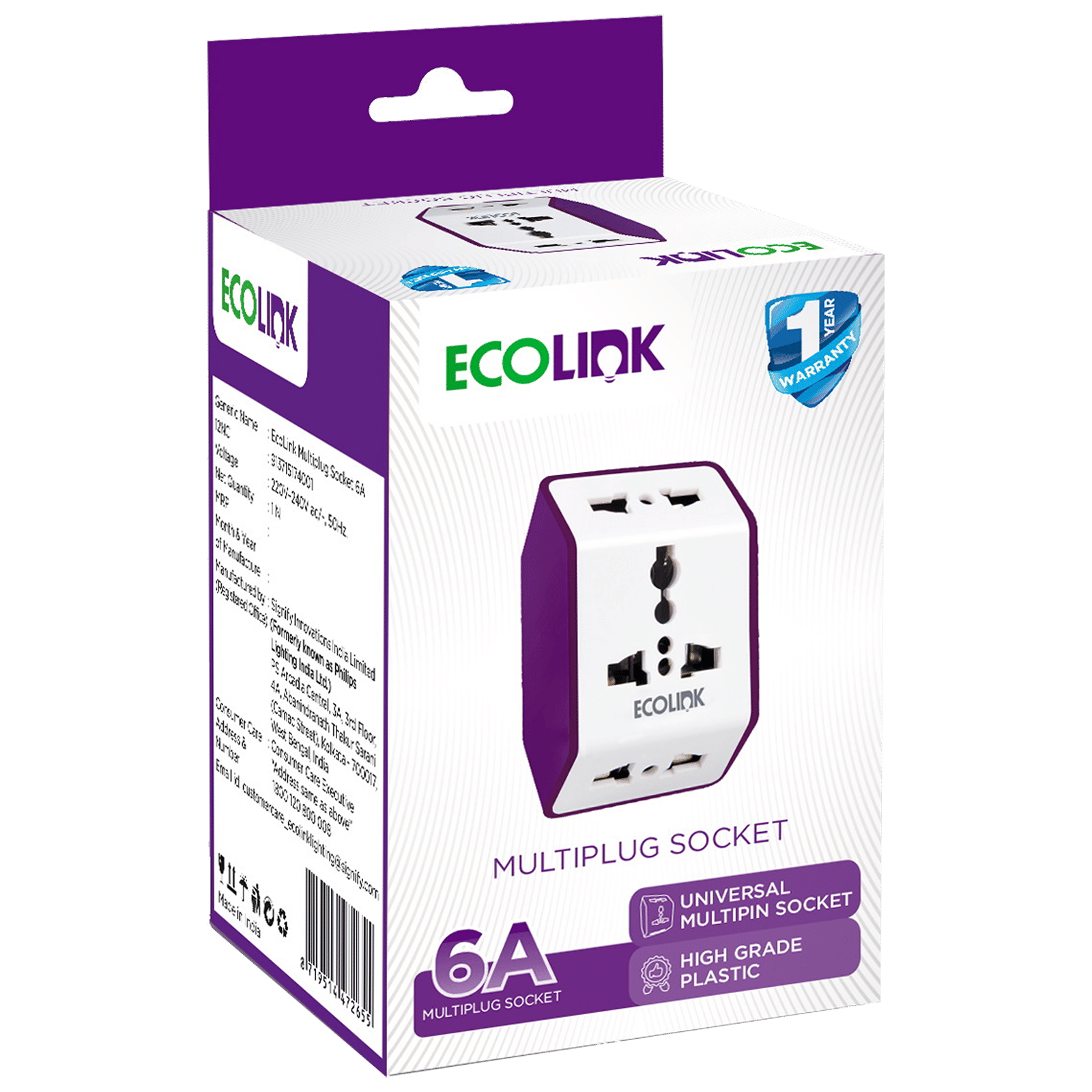 PHILIPS Ecolink 6 Amps Multiplug Socket (High Grade Plastic Body, 913715174001, White) PHILIPS Ecolink 6 Amps Multiplug Socket (High Grade Plastic Body, 913715174001, White)_6