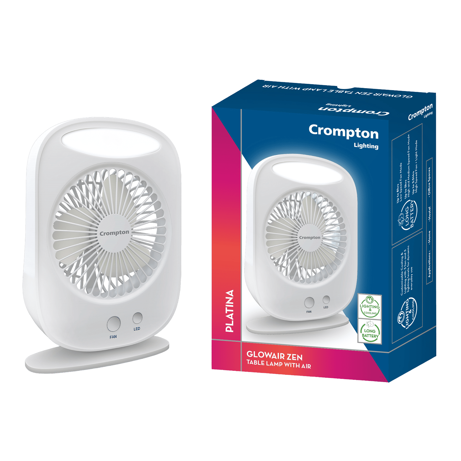 Crompton Glowair Zen 130mm 3 Blade Rechargeable Portable Fan with 2200mAH Battery (Lightweight, White)_1