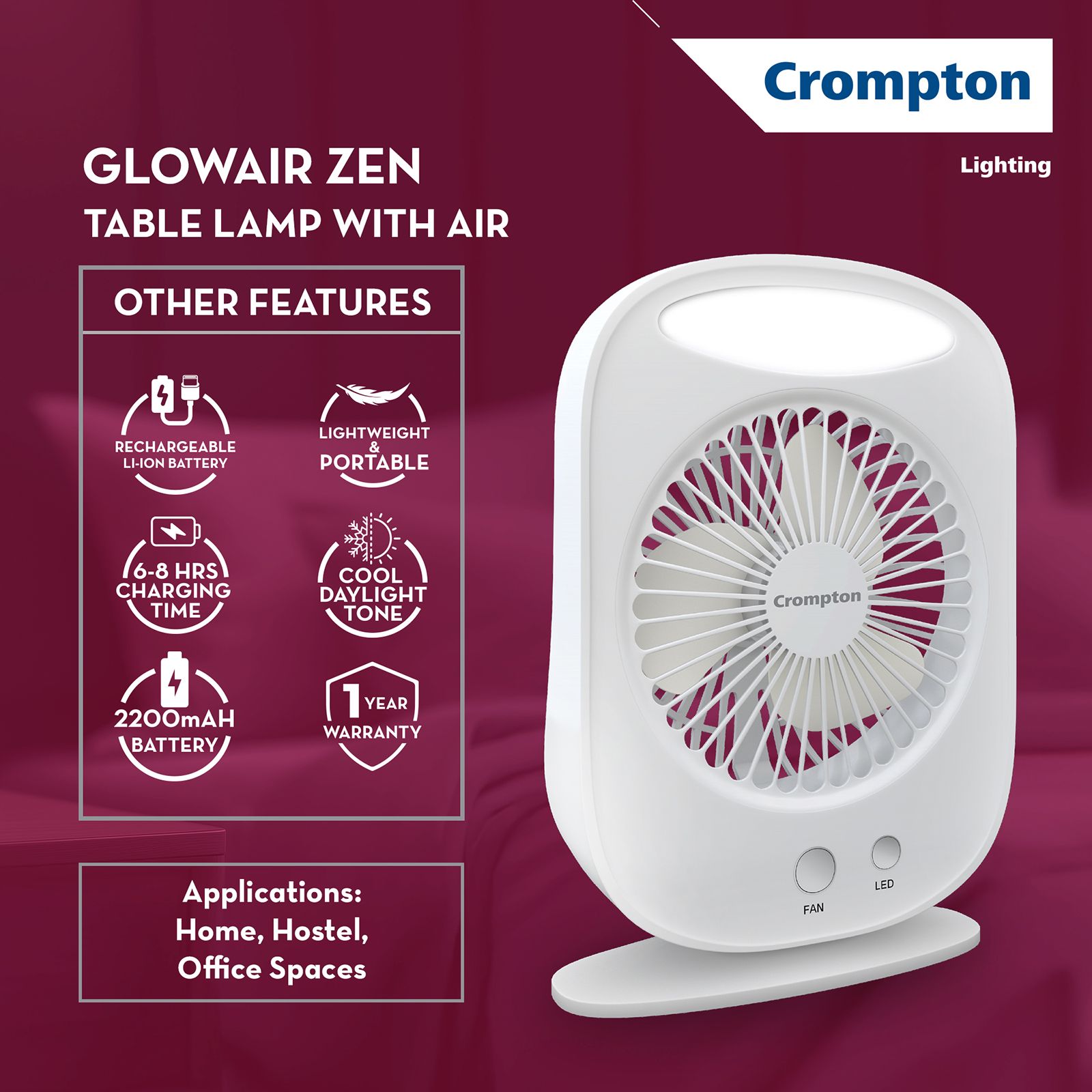 Crompton Glowair Zen 130mm 3 Blade Rechargeable Portable Fan with 2200mAH Battery (Lightweight, White)_5