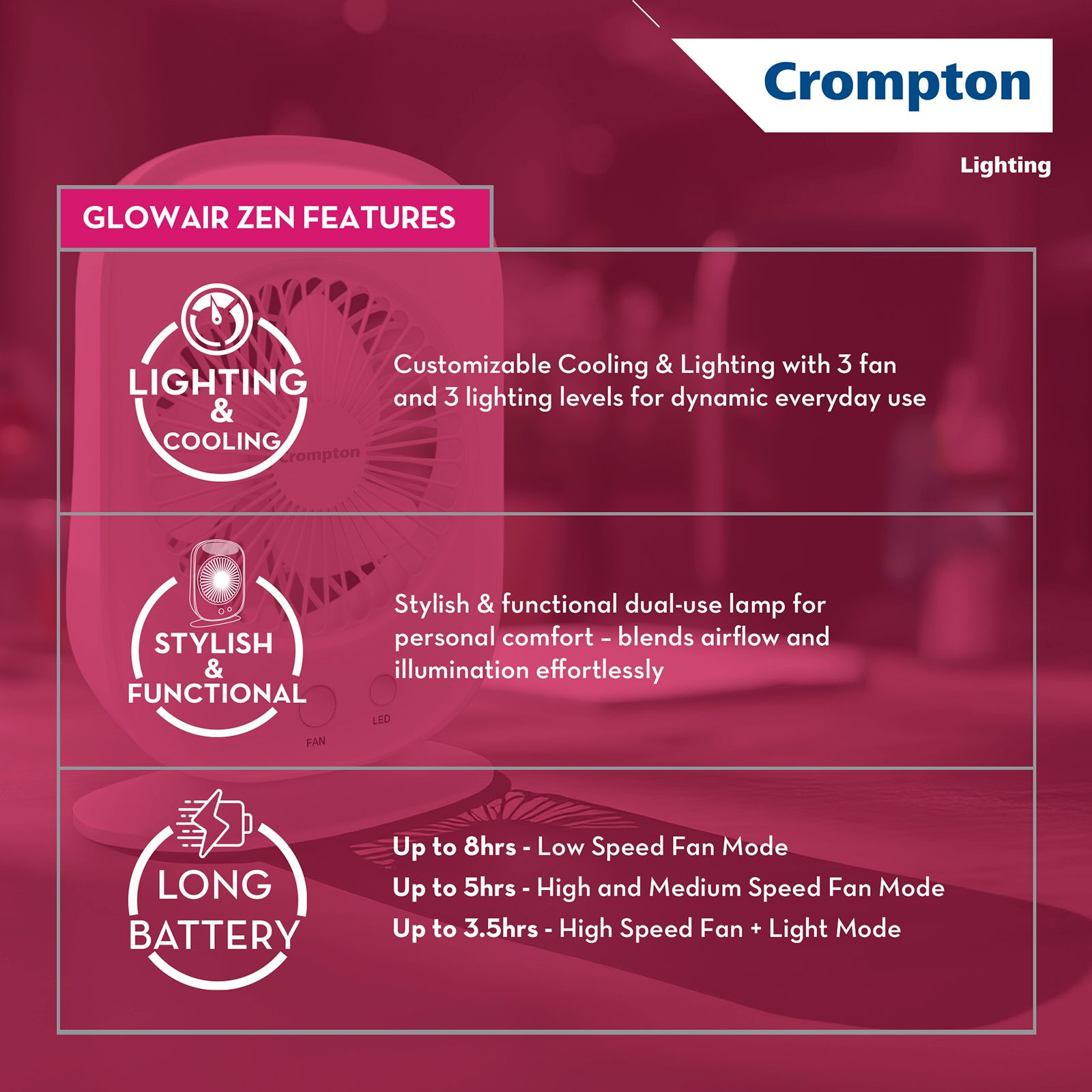 Crompton Glowair Zen 130mm 3 Blade Rechargeable Portable Fan with 2200mAH Battery (Lightweight, White)_6