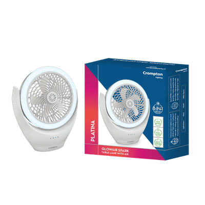Crompton Glowair Spark 220mm 5 Blade Rechargeable Portable Fan with 2200 mAh Battery (Built-in Aroma Diffuser, White)