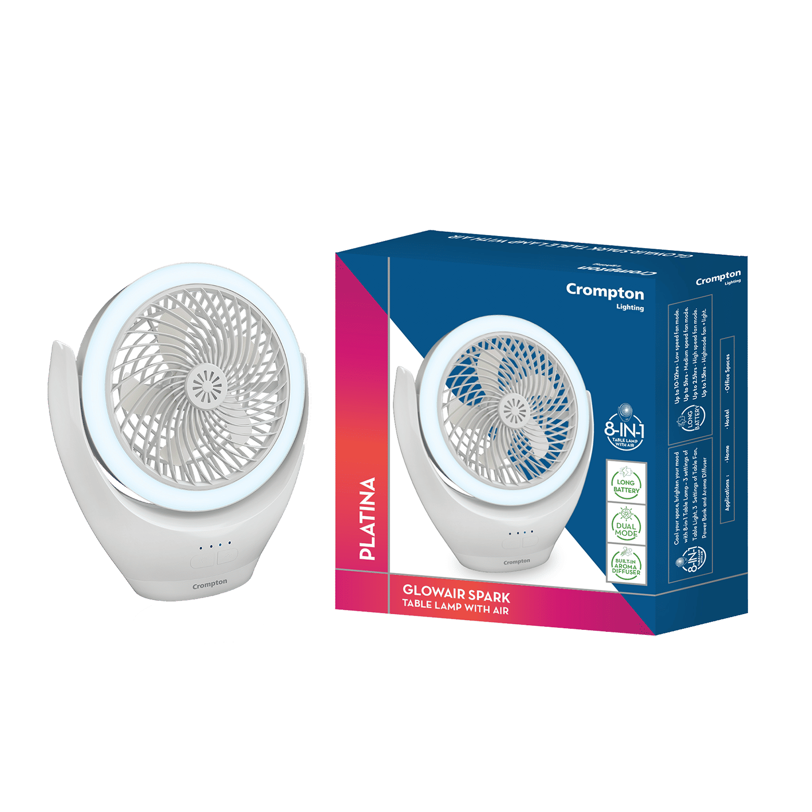Crompton Glowair Spark 220mm 5 Blade Rechargeable Portable Fan with 2200 mAh Battery (Built-in Aroma Diffuser, White)_1