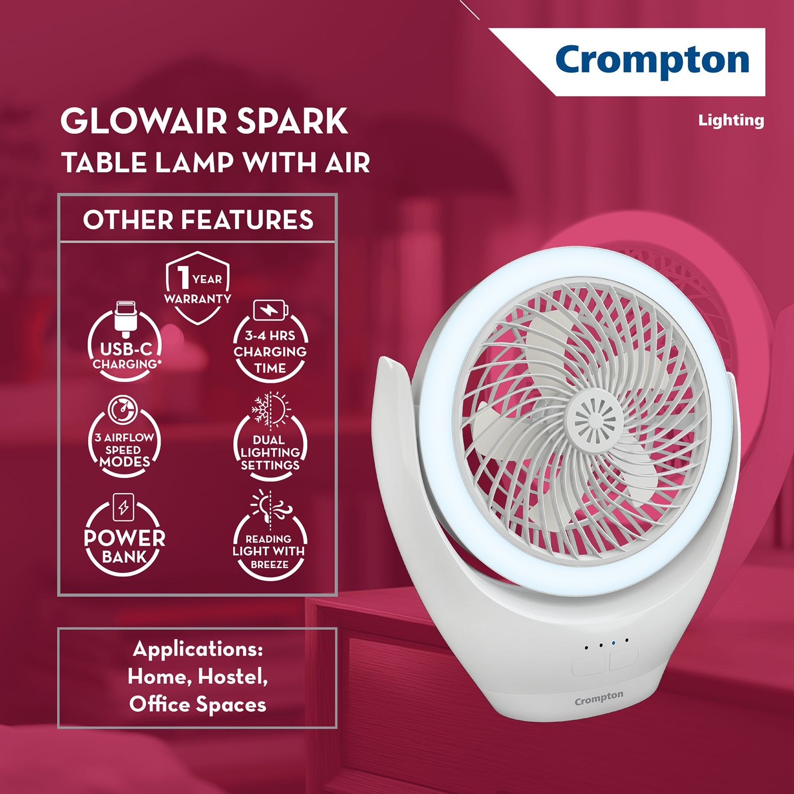 Crompton Glowair Spark 220mm 5 Blade Rechargeable Portable Fan with 2200 mAh Battery (Built-in Aroma Diffuser, White)_10