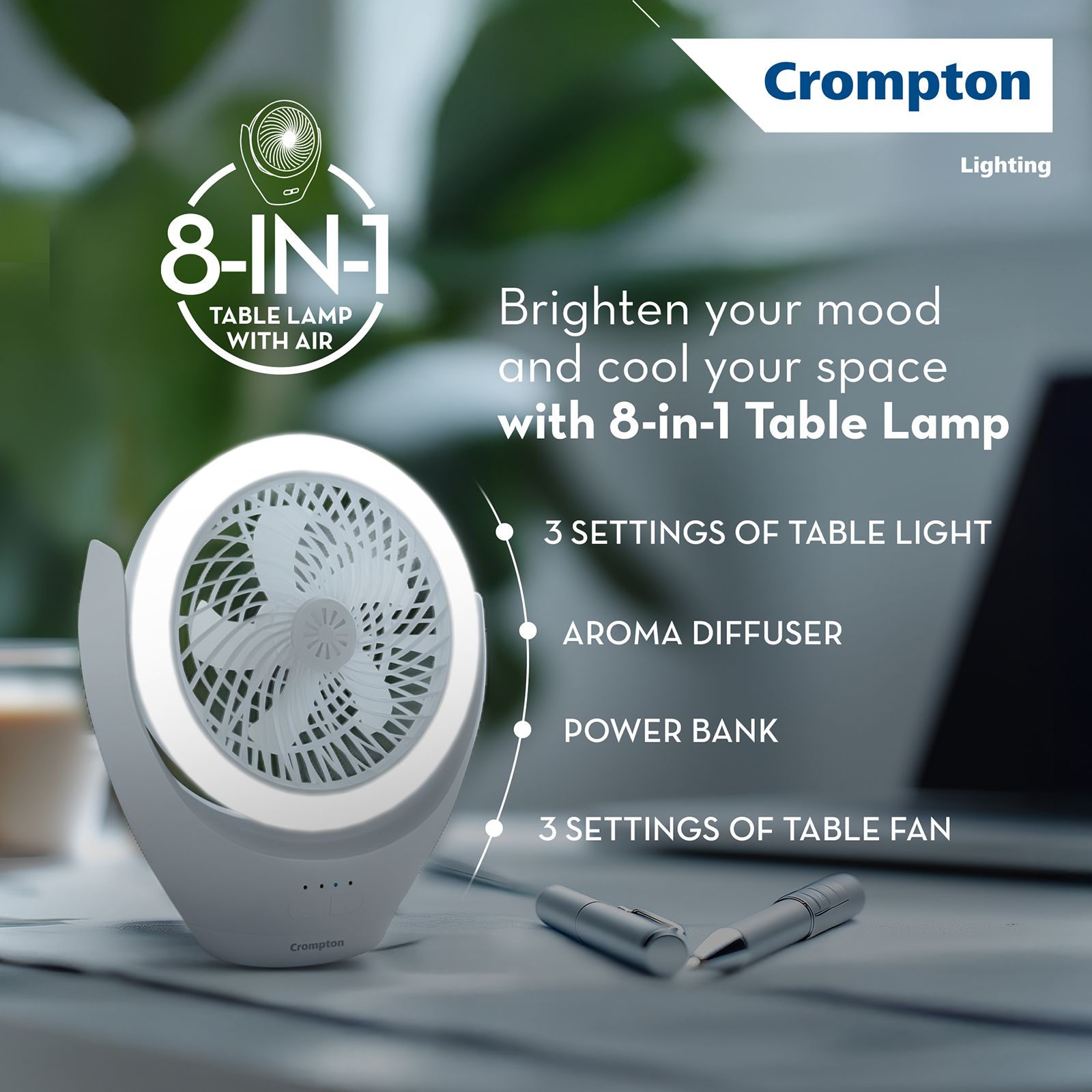 Crompton Glowair Spark 220mm 5 Blade Rechargeable Portable Fan with 2200 mAh Battery (Built-in Aroma Diffuser, White)_4