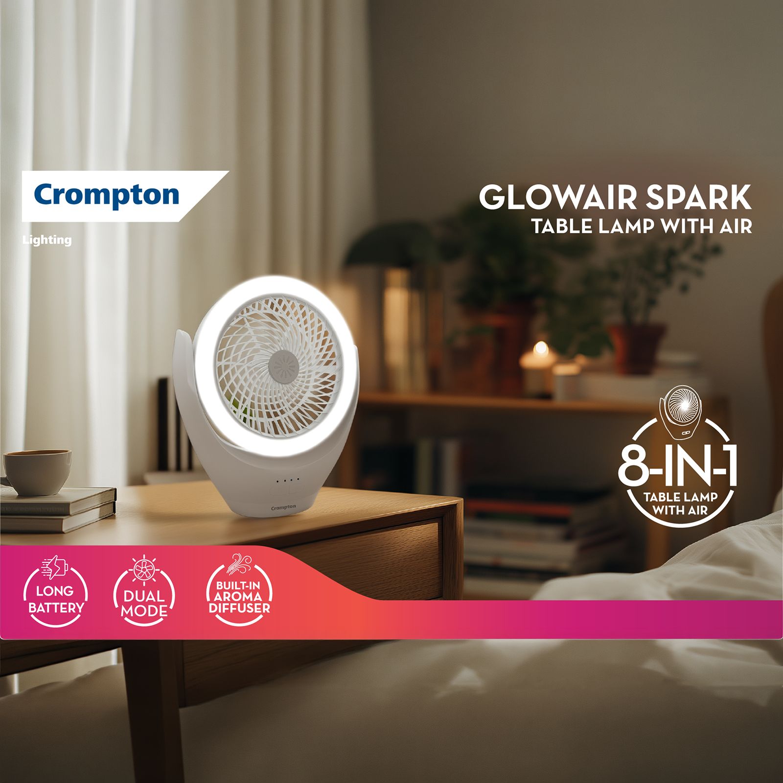 Crompton Glowair Spark 220mm 5 Blade Rechargeable Portable Fan with 2200 mAh Battery (Built-in Aroma Diffuser, White)_7