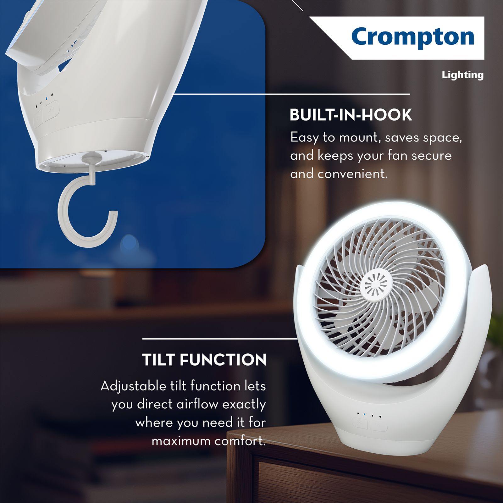 Crompton Glowair Spark 220mm 5 Blade Rechargeable Portable Fan with 2200 mAh Battery (Built-in Aroma Diffuser, White)_8