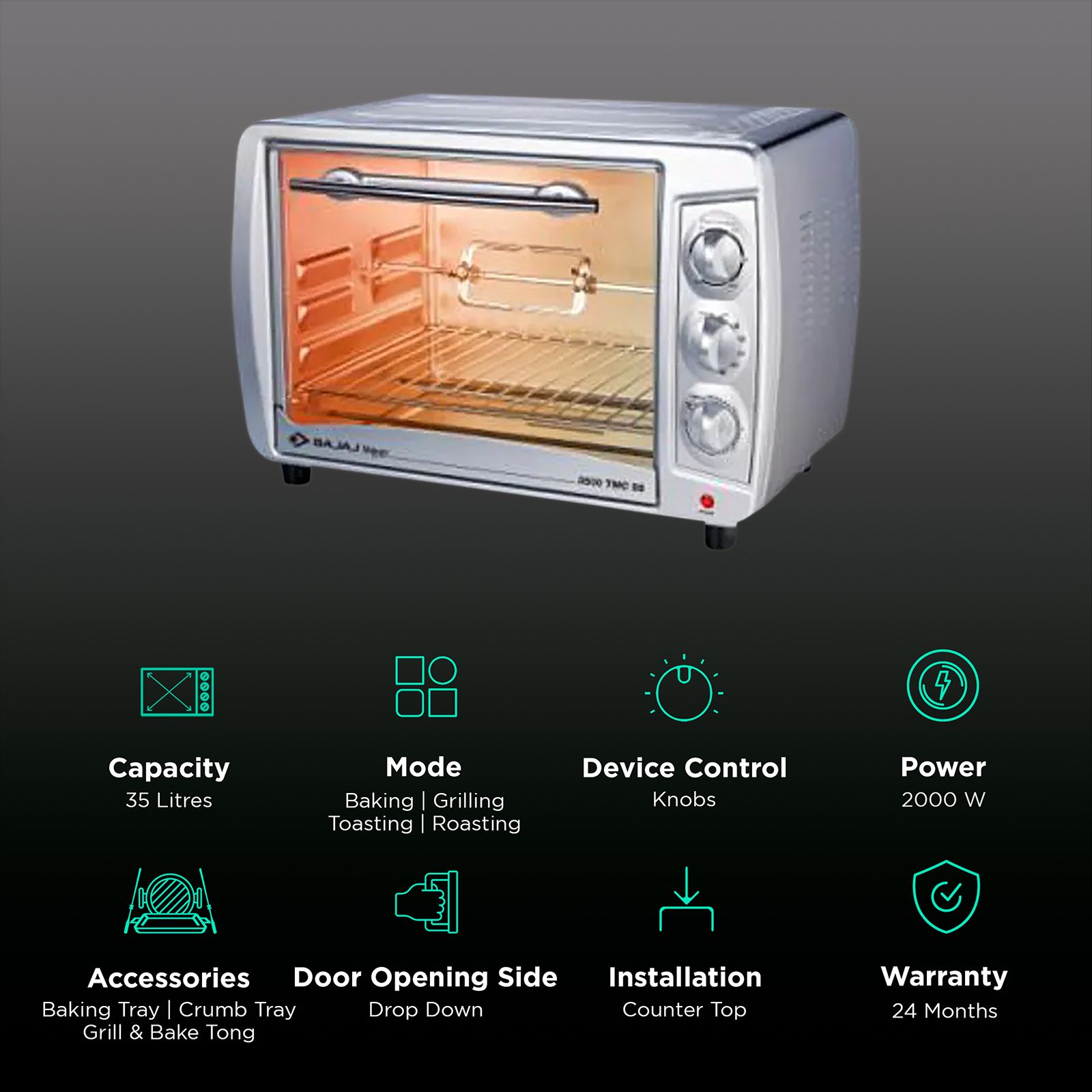 BAJAJ Majesty 3500 TMCSS 35L Oven Toaster Grill with Motorized Rotisserie (Silver) BAJAJ Majesty 3500 TMCSS 35L Oven Toaster Grill with Motorized Rotisserie (Silver)_3