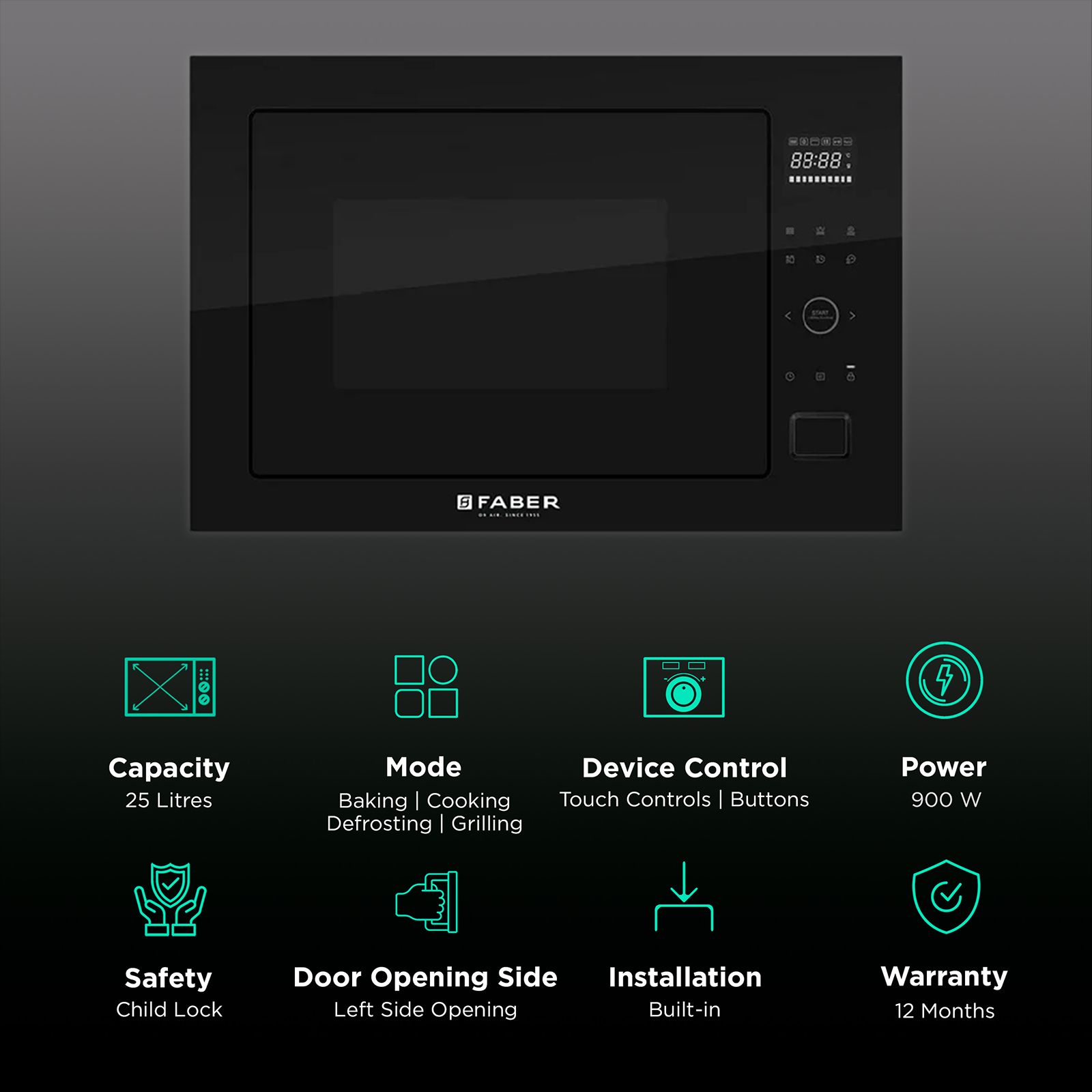 FABER FBIMWO CGS BK 25L 60cm Built-in Microwave with 10 Autocook Menus (FBIMWO 25L CGS BK, Black) FABER FBIMWO CGS BK 25L 60cm Built-in Microwave with 10 Autocook Menus (FBIMWO 25L CGS BK, Black)_3