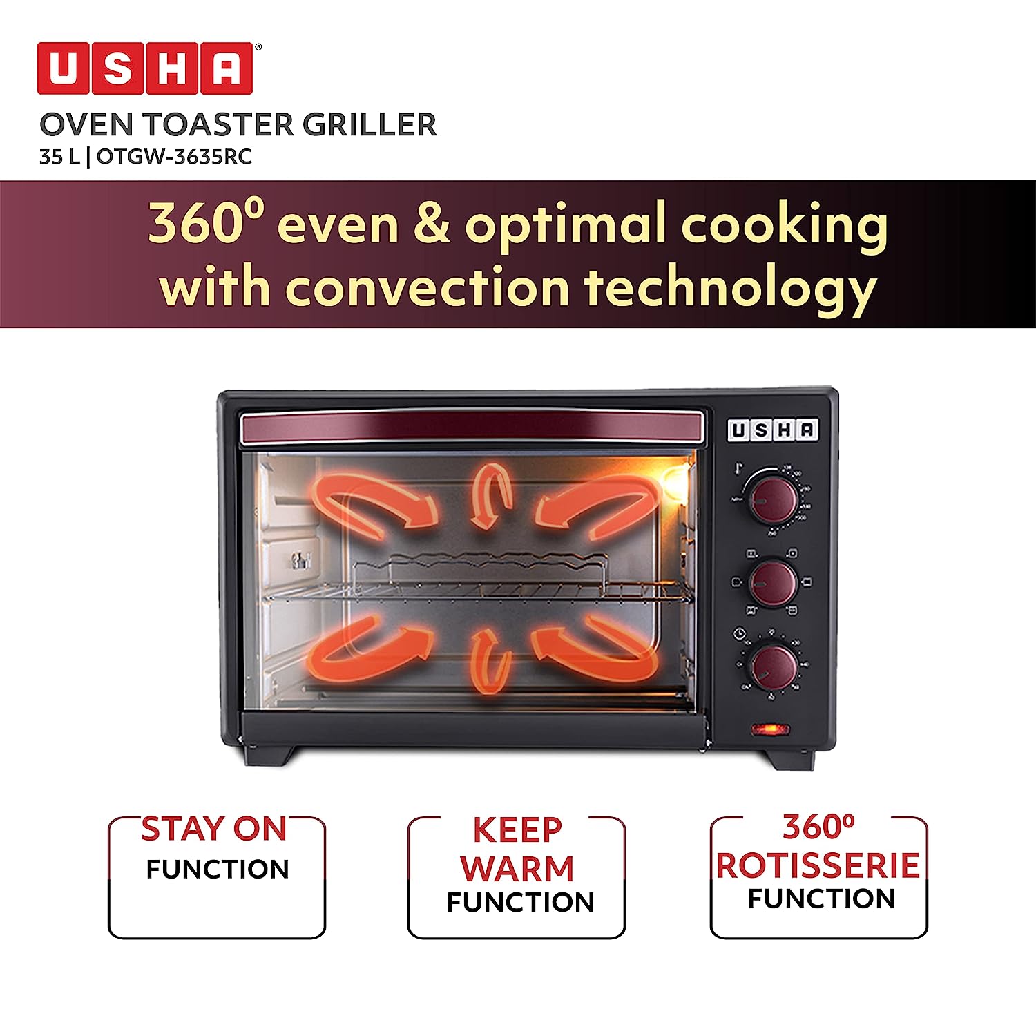 USHA 3635RC 35L Oven Toaster Grill with 360 Degree Convection Heating Technology (Wine/Matte Black)_10