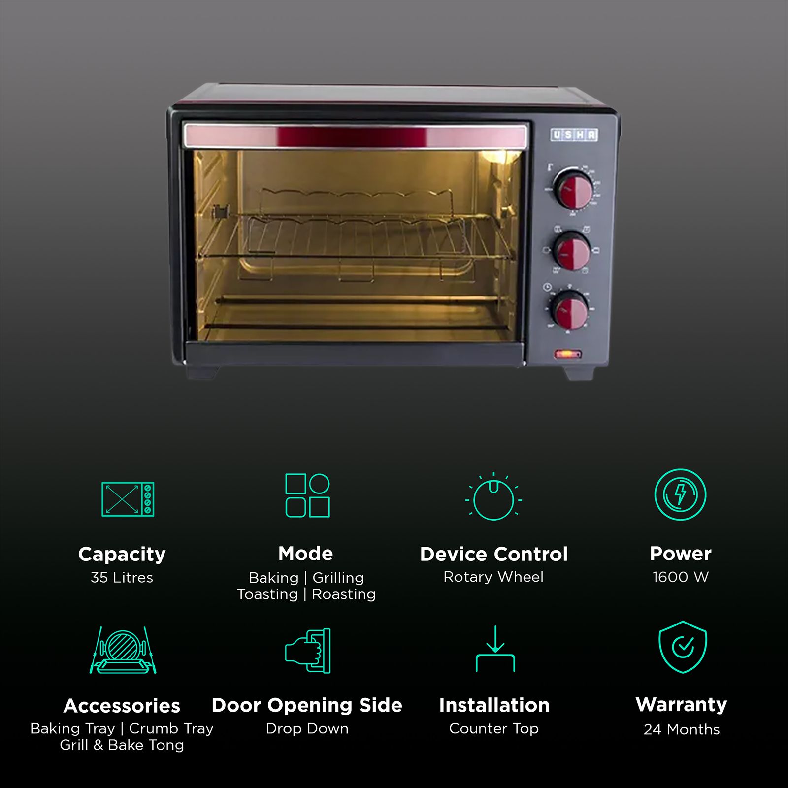 USHA 3635RC 35L Oven Toaster Grill with 360 Degree Convection Heating Technology (Wine/Matte Black)_3
