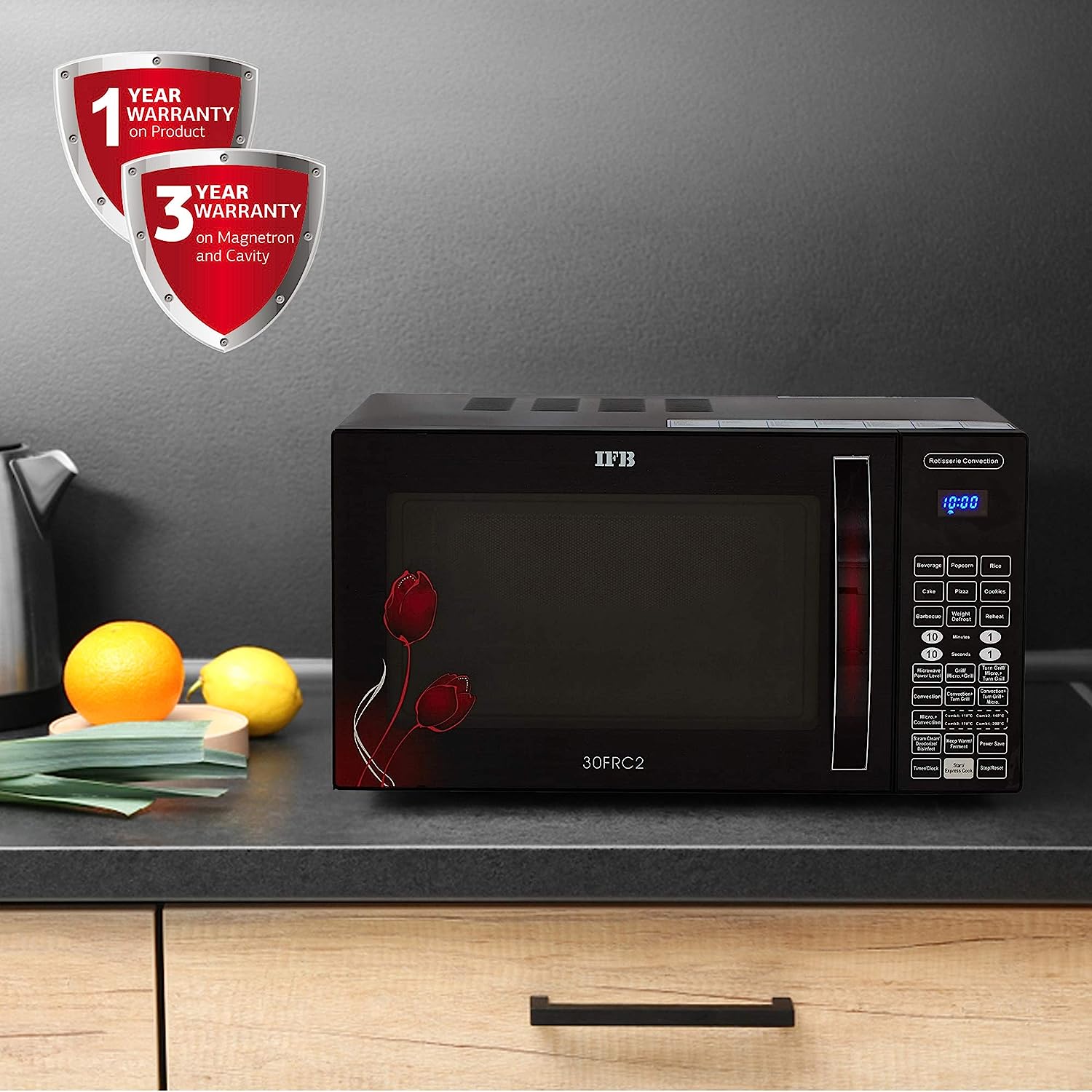 IFB 30FRC2 30L Convection Microwave Oven with 101 Autocook Menus (Black Floral)_15