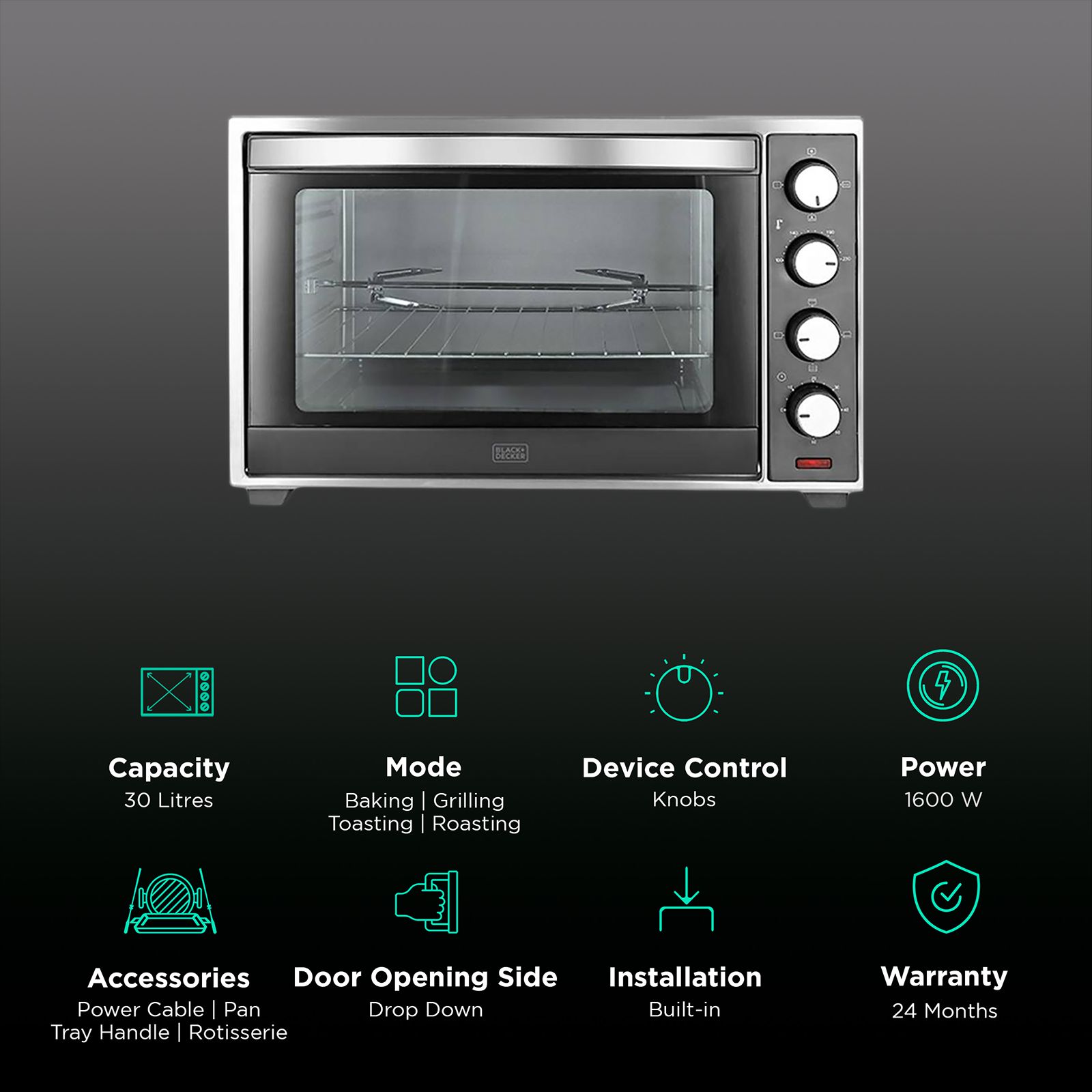 BLACK+DECKER BXTO3001IN 30L Oven Toaster Grill with Motorized Rotisserie (Silver & Grey) BLACK+DECKER BXTO3001IN 30L Oven Toaster Grill with Motorized Rotisserie (Silver & Grey)_3