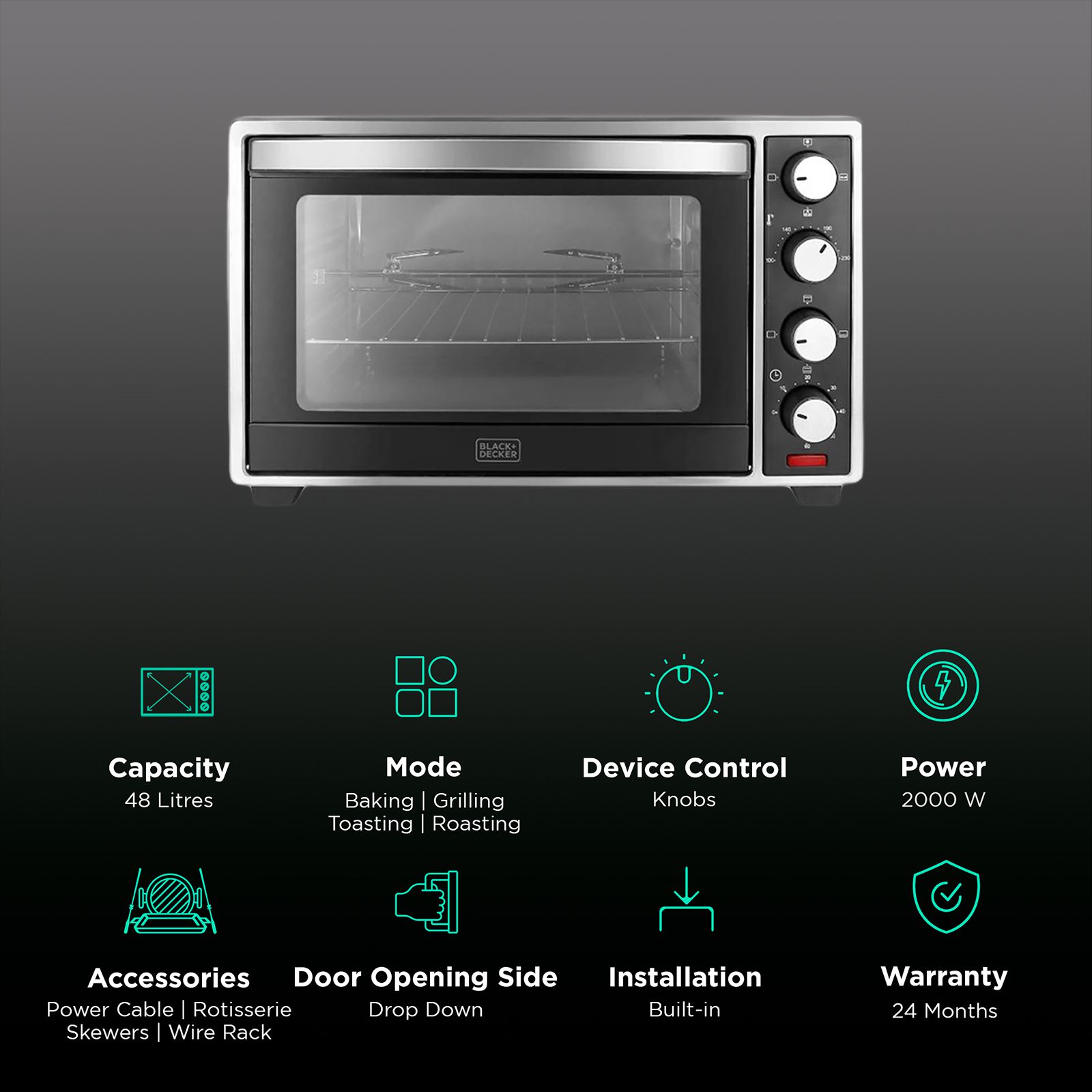BLACK+DECKER BXTO4801IN 48L Oven Toaster Grill with Rotisserie & Convection Function (Silver & Grey) BLACK+DECKER BXTO4801IN 48L Oven Toaster Grill with Rotisserie & Convection Function (Silver & Grey)_3