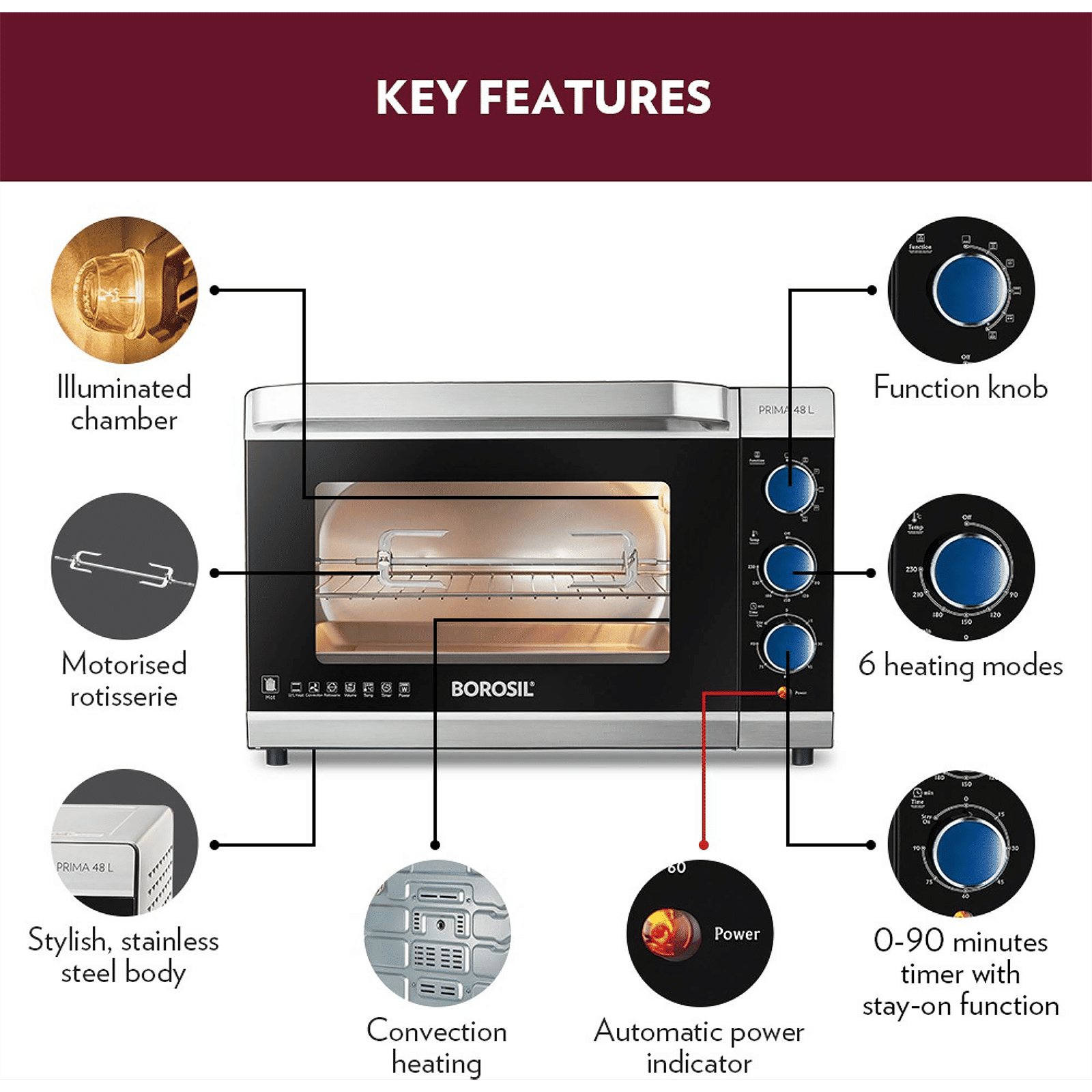 BOROSIL Prima 48L Oven Toaster Grill with Motorized Rotisserie (Silver)_12