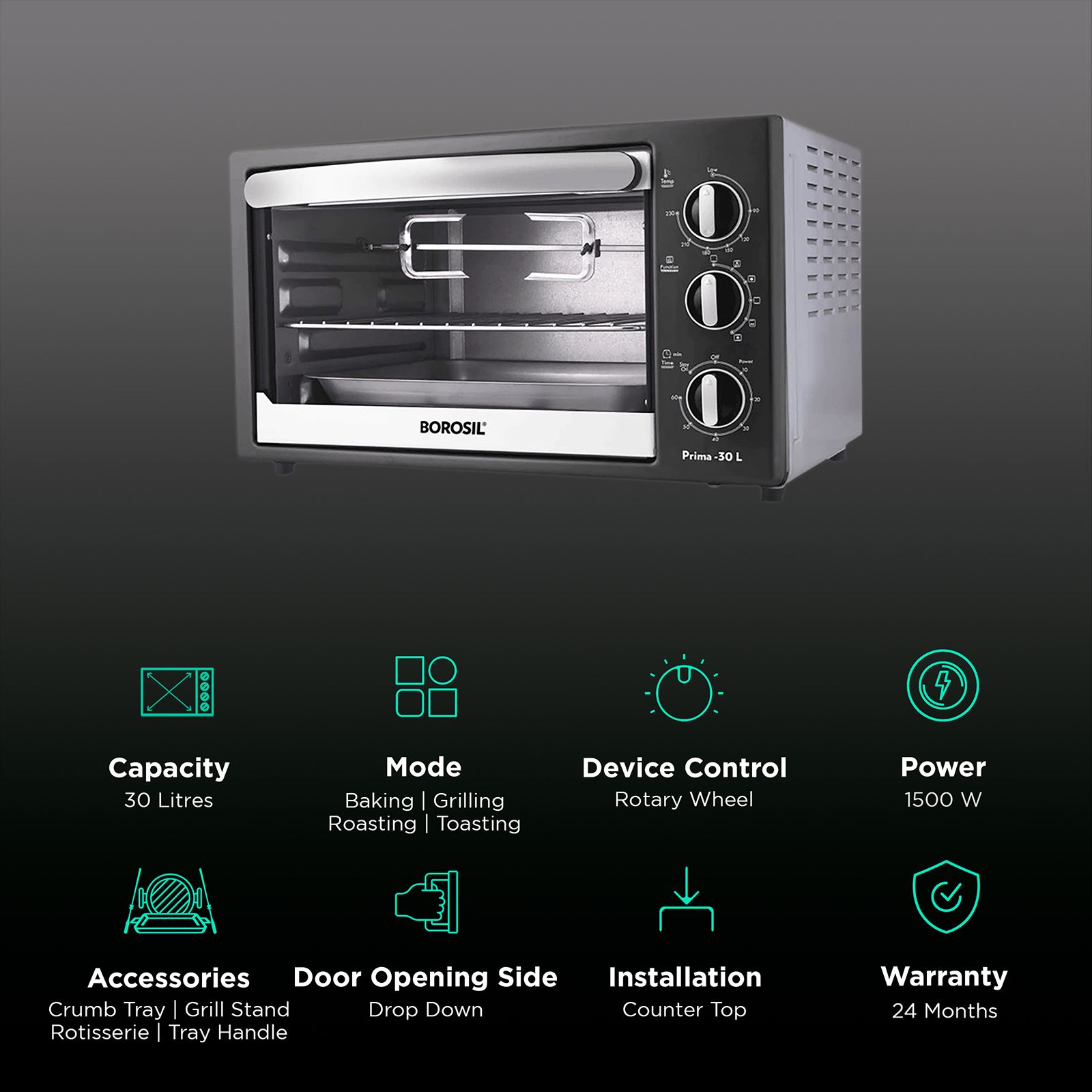BOROSIL Prima 30L Oven Toaster Grill with Motorized Rotisserie (Silver)_3