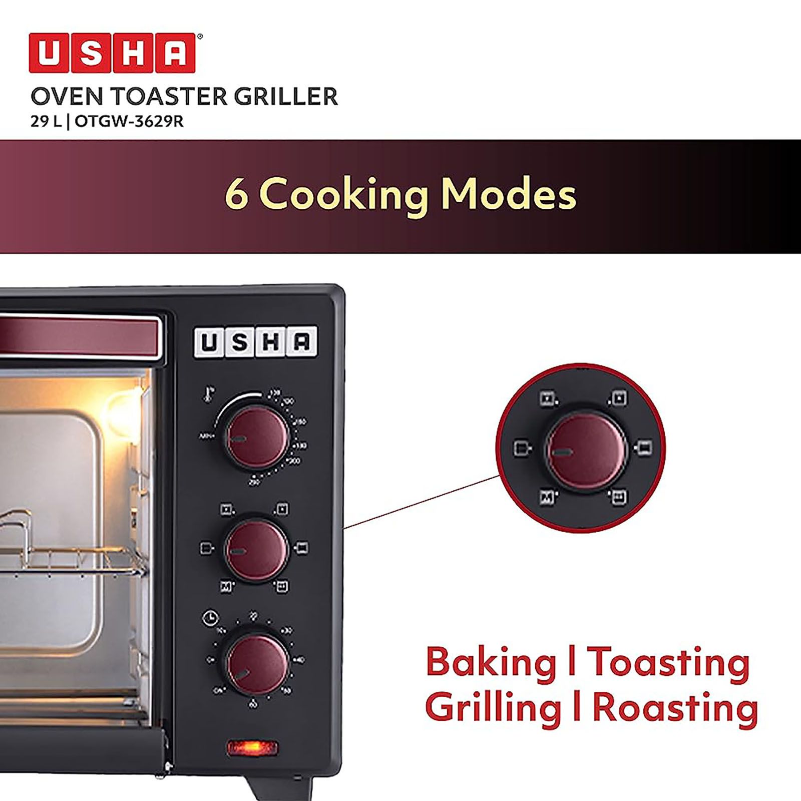 USHA 3629R 29L Oven Toaster Grill with Motorized Rotisserie (Wine) USHA 3629R 29L Oven Toaster Grill with Motorized Rotisserie (Wine)_13