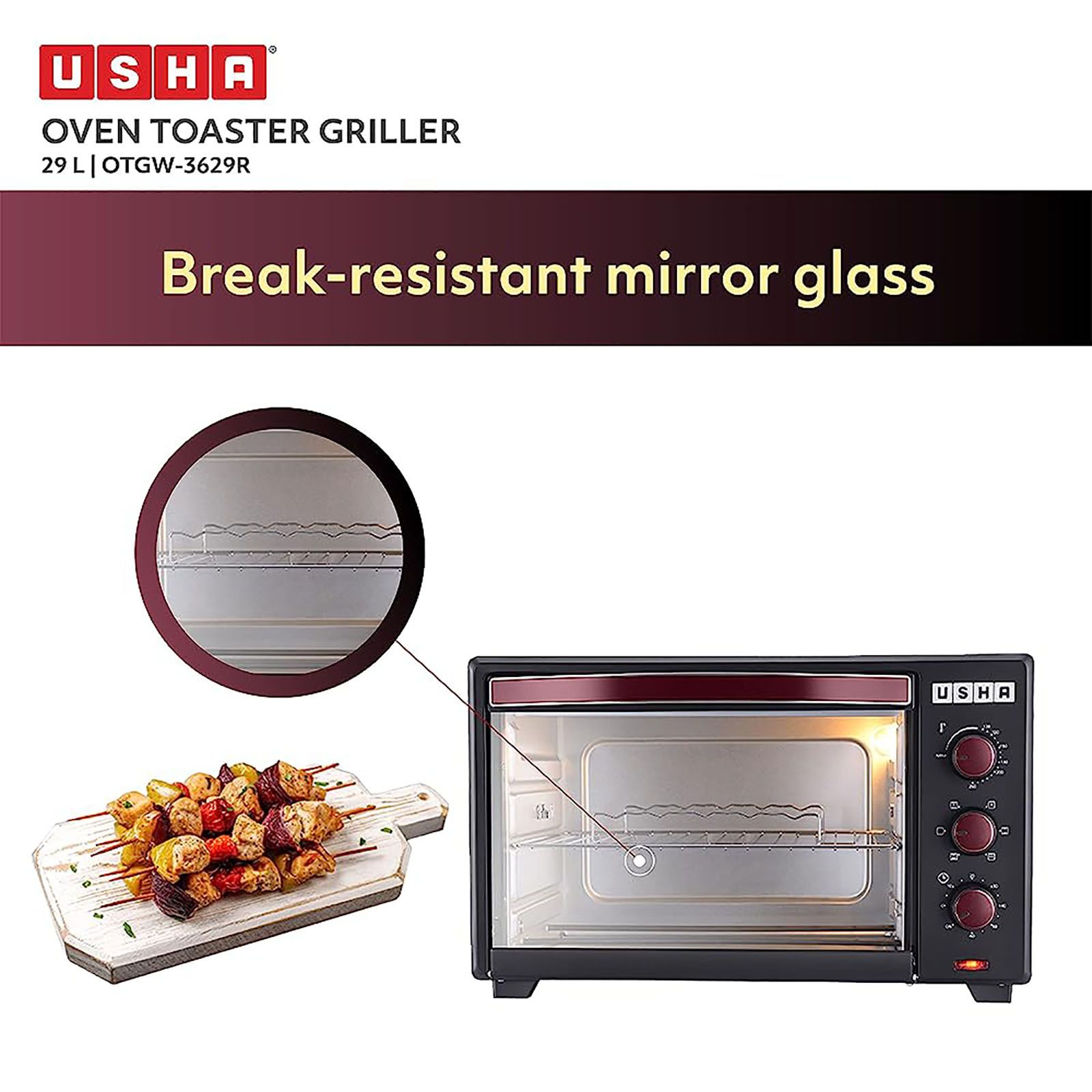 USHA 3629R 29L Oven Toaster Grill with Motorized Rotisserie (Wine) USHA 3629R 29L Oven Toaster Grill with Motorized Rotisserie (Wine)_14