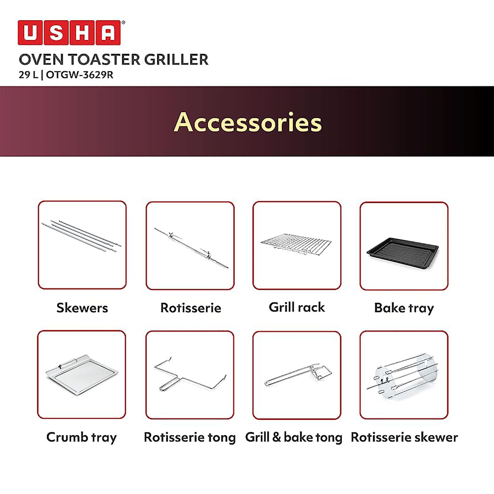 USHA 3629R 29L Oven Toaster Grill with Motorized Rotisserie (Wine) USHA 3629R 29L Oven Toaster Grill with Motorized Rotisserie (Wine)_15