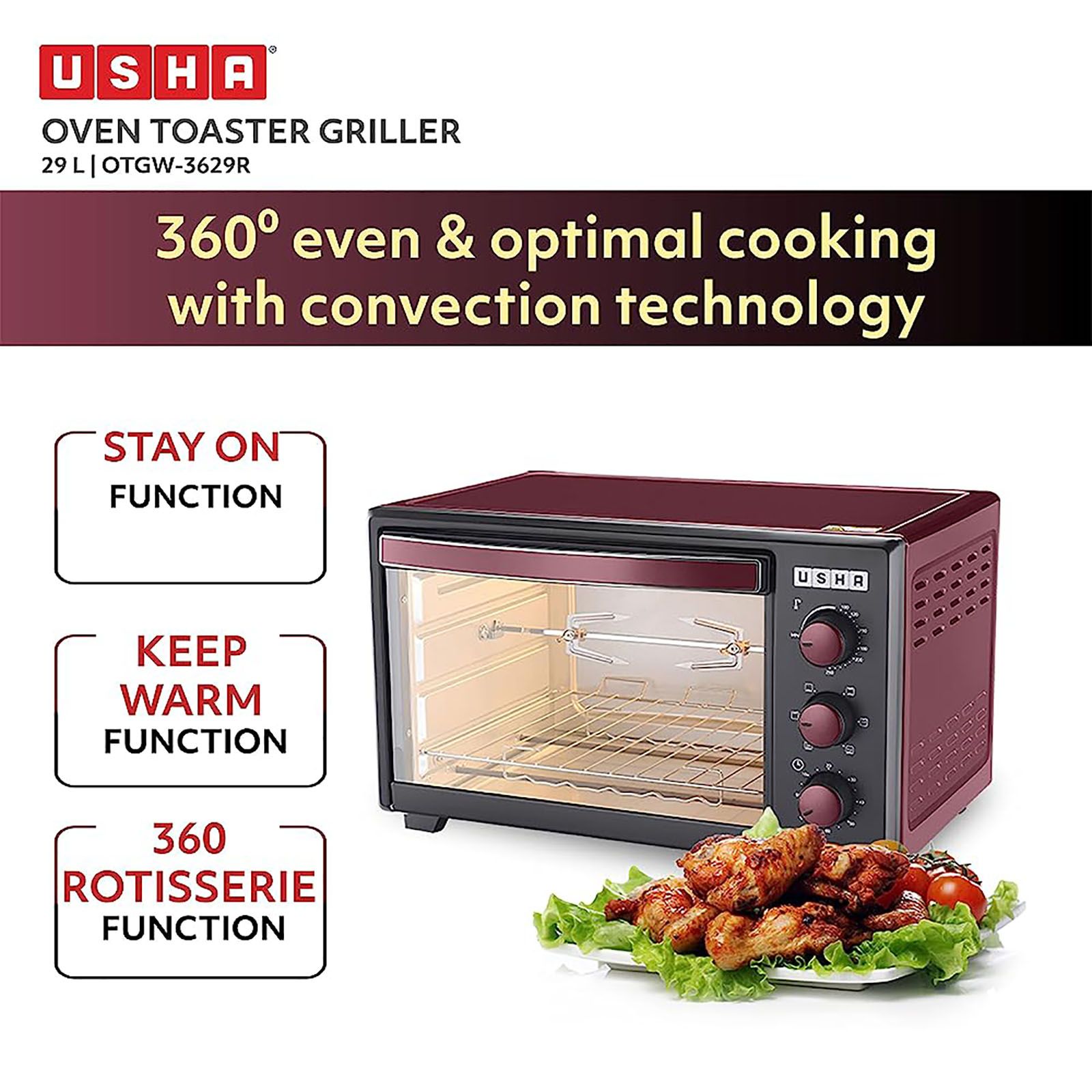 USHA 3629R 29L Oven Toaster Grill with Motorized Rotisserie (Wine) USHA 3629R 29L Oven Toaster Grill with Motorized Rotisserie (Wine)_17