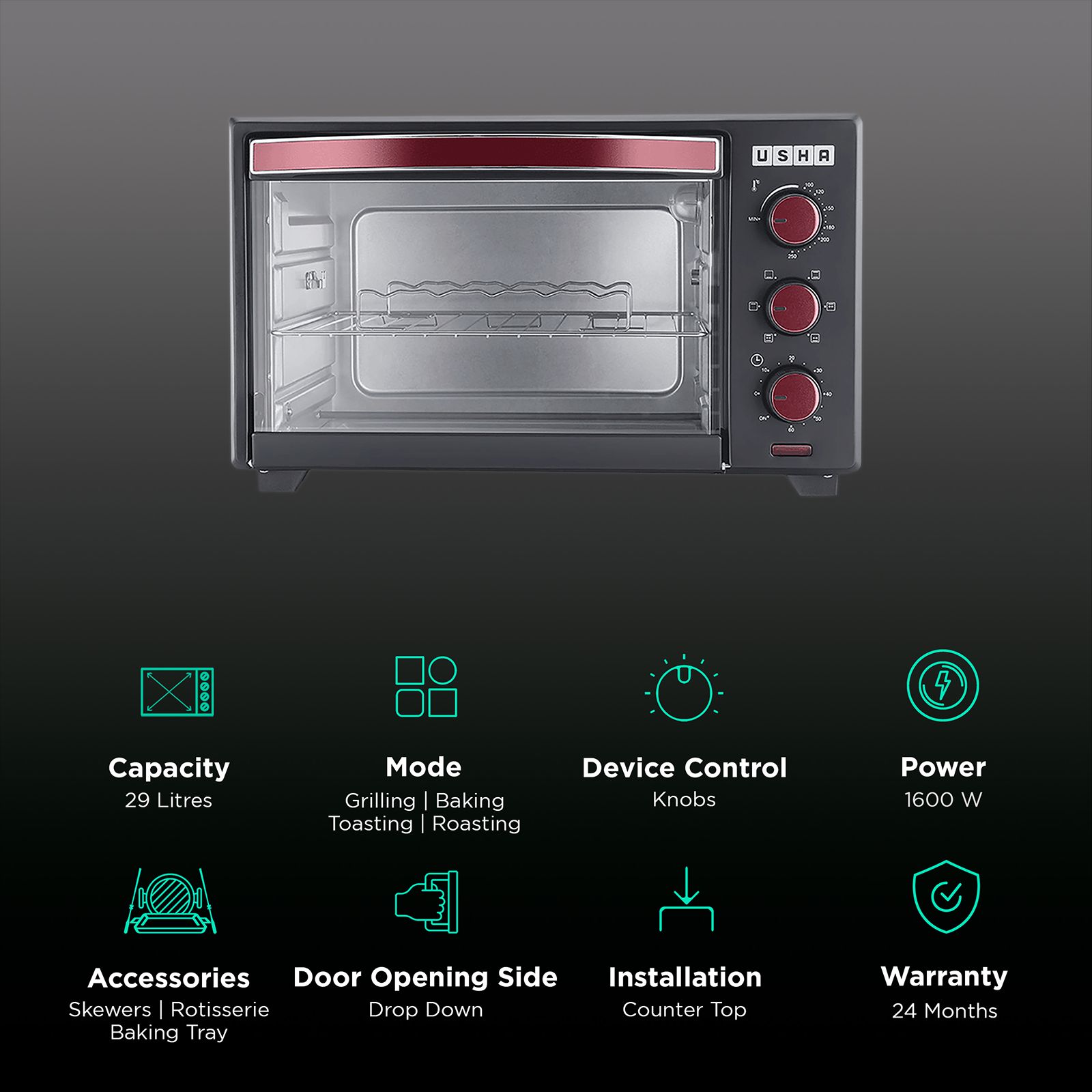 USHA 3629R 29L Oven Toaster Grill with Motorized Rotisserie (Wine) USHA 3629R 29L Oven Toaster Grill with Motorized Rotisserie (Wine)_3