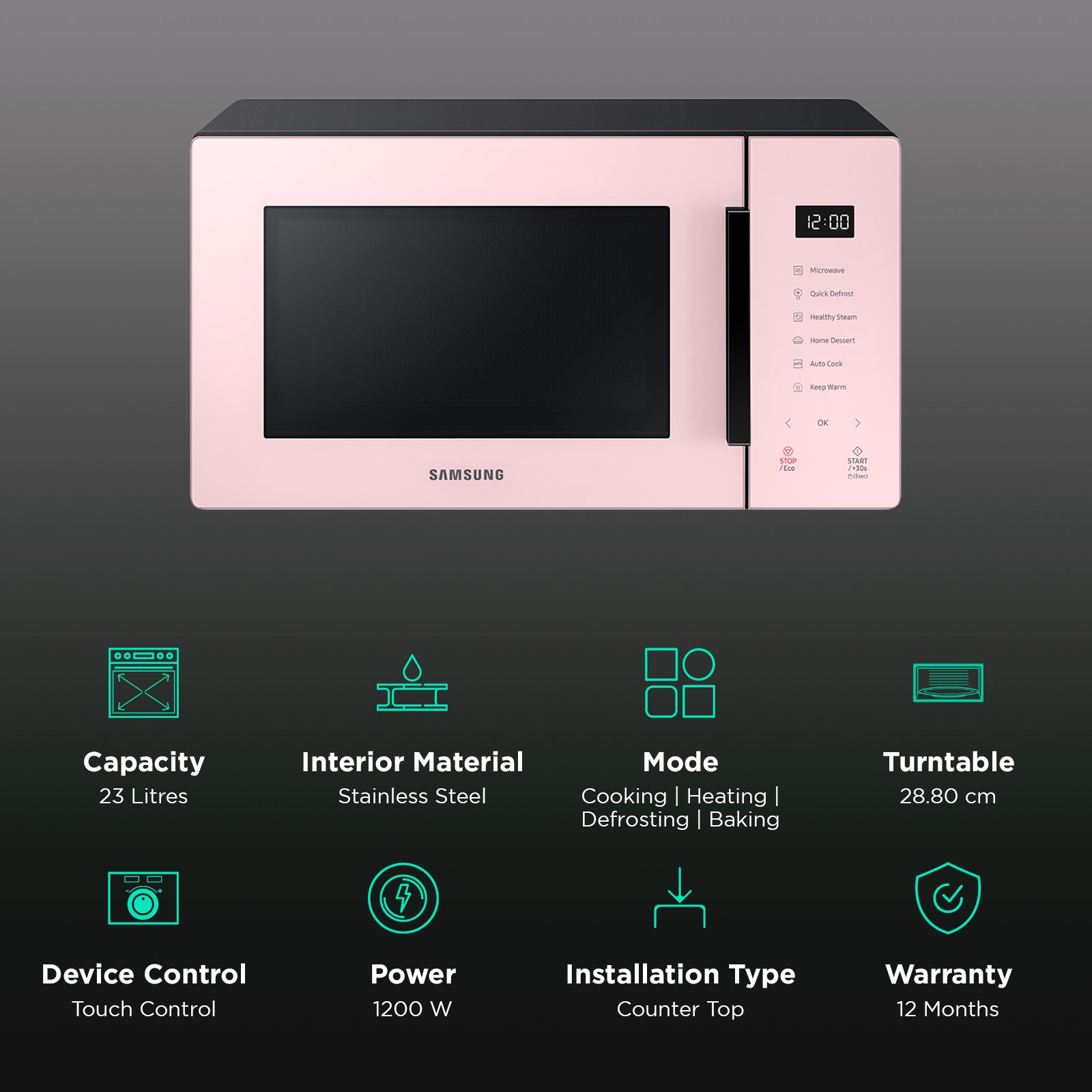 SAMSUNG Baker Series 23L Solo Microwave Oven with Auto Cook (Clean Pink) SAMSUNG Baker Series 23L Solo Microwave Oven with Auto Cook (Clean Pink)_3