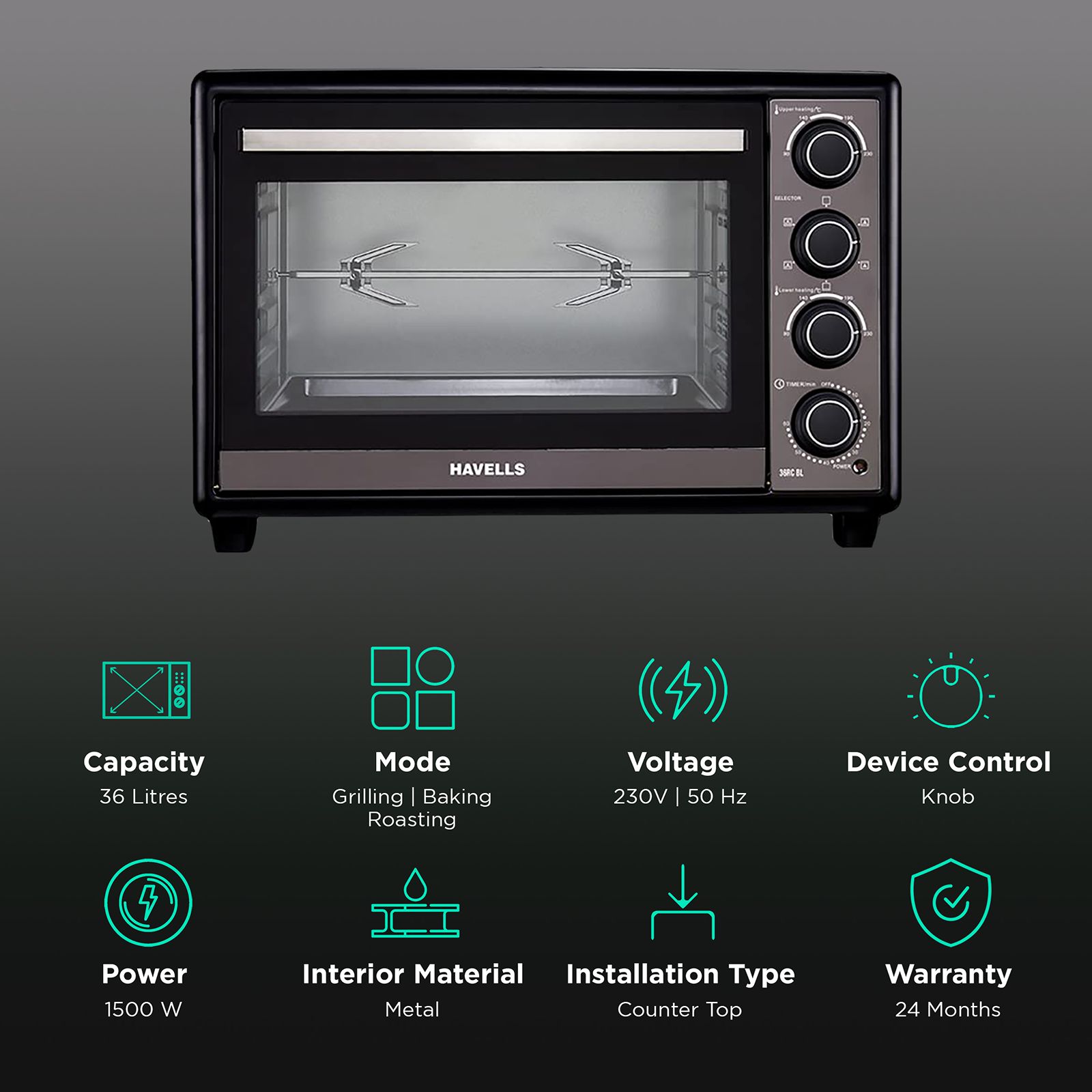 HAVELLS 36L Oven Toaster Grill with 6 Heating Modes (Black) HAVELLS 36L Oven Toaster Grill with 6 Heating Modes (Black)_3