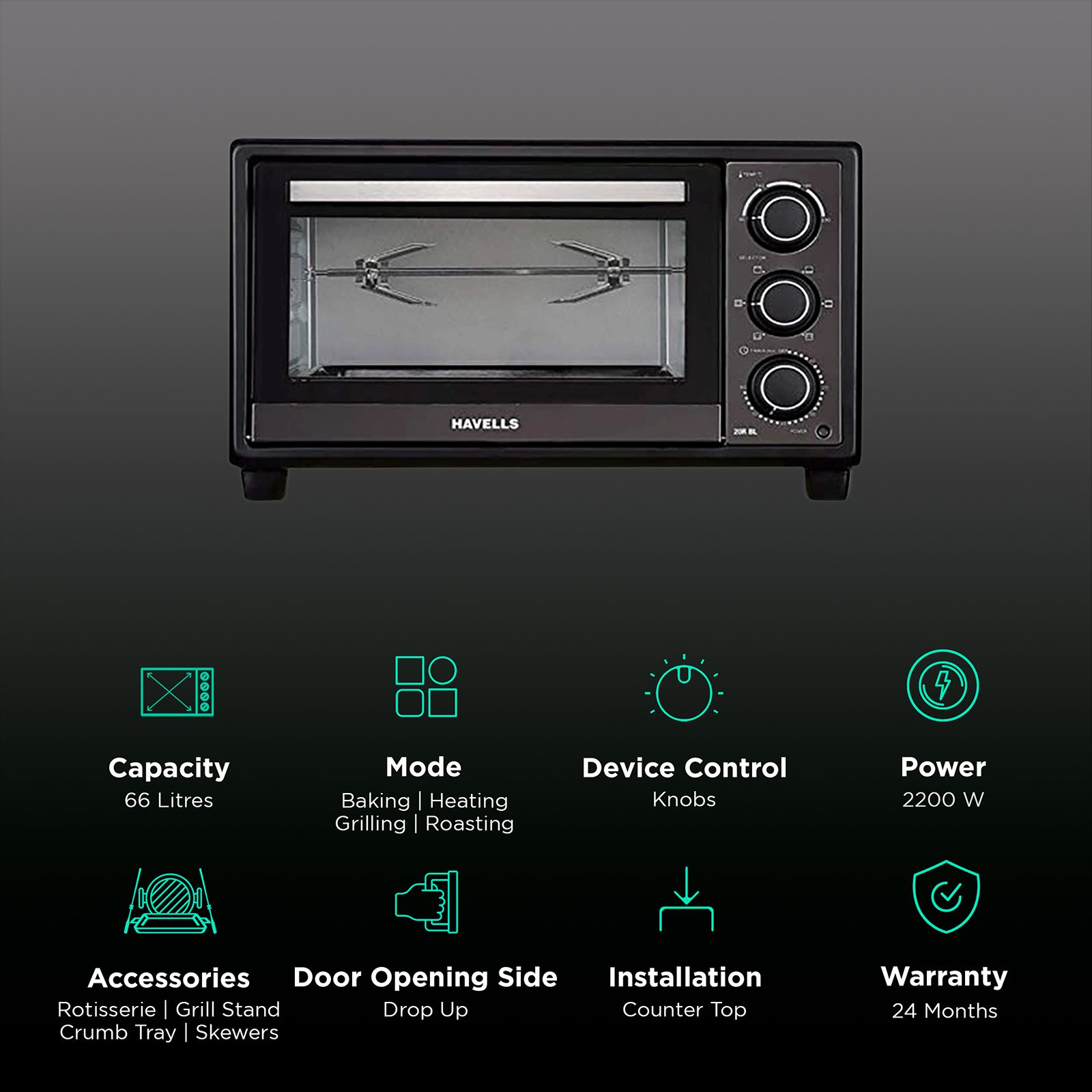 HAVELLS 66RC BL 66L Oven Toaster Grill with Motorized Rotisserie (Black)_3