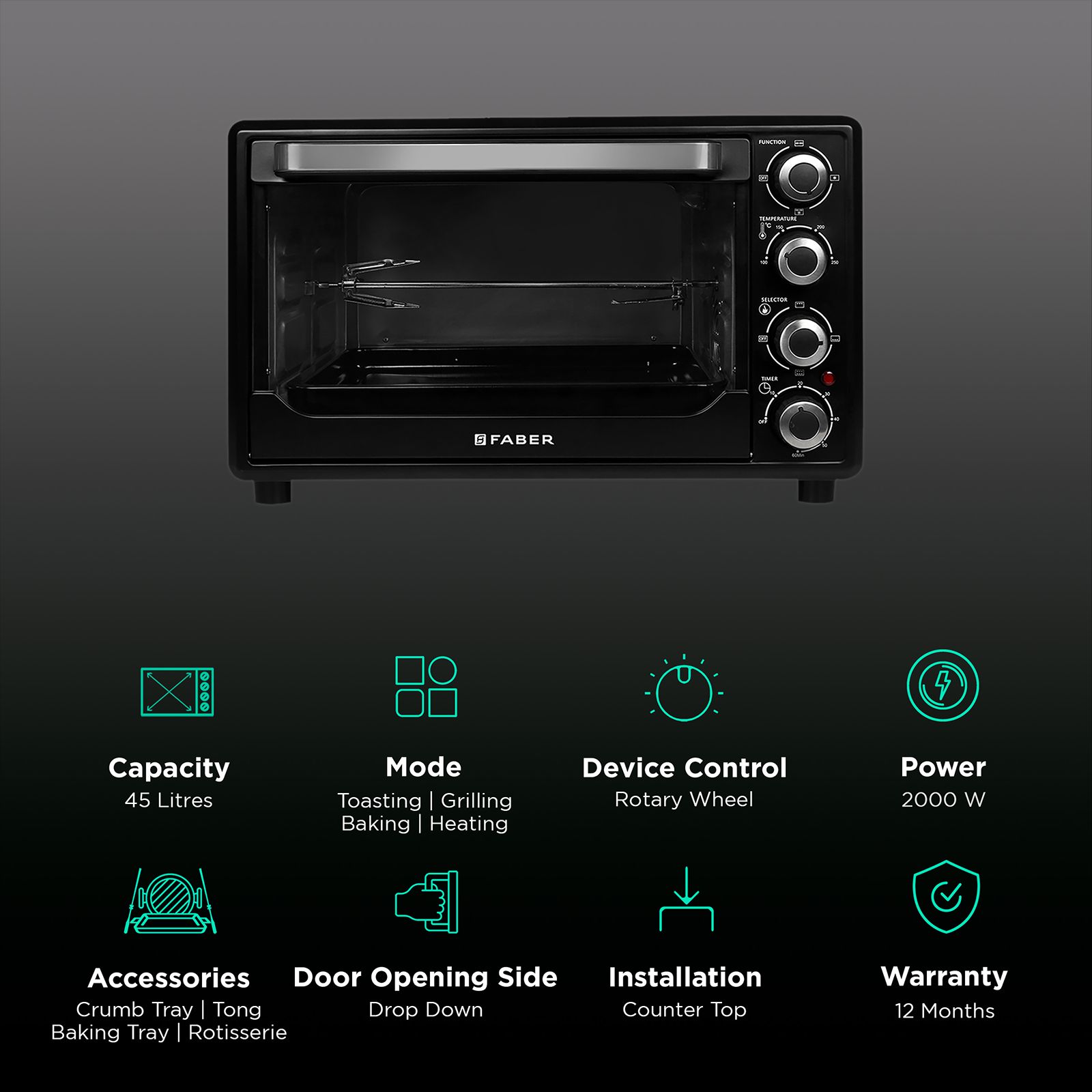 FABER FOTG 45L Oven Toaster Grill with Motorized Rotisserie (Black)_3