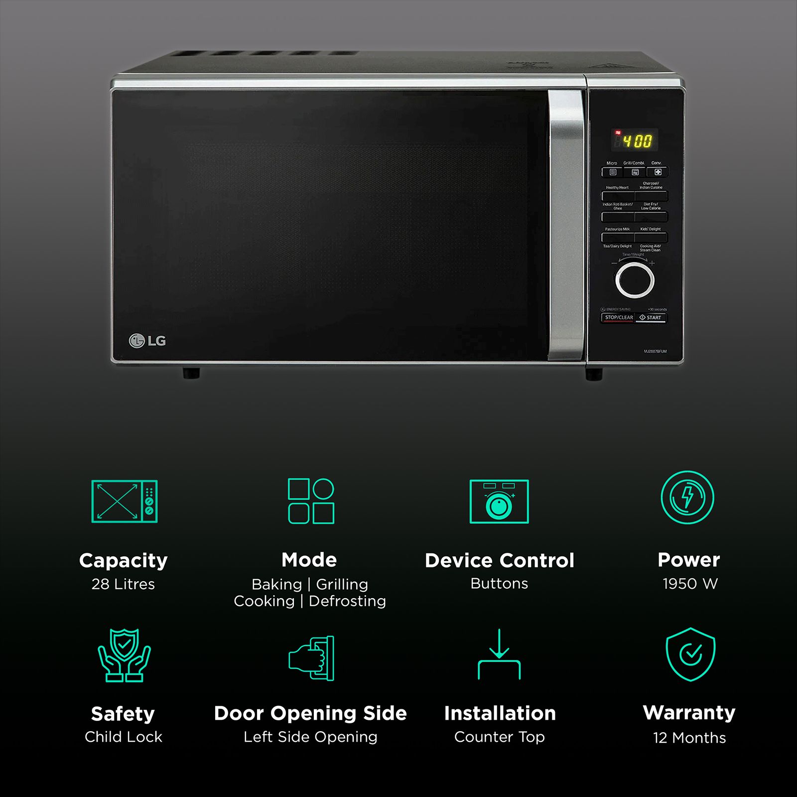 LG 28L Charcoal Microwave Oven with Diet Fry (MJ2887BFUM.DBKQILN, Black) LG 28L Charcoal Microwave Oven with Diet Fry (MJ2887BFUM.DBKQILN, Black)_3