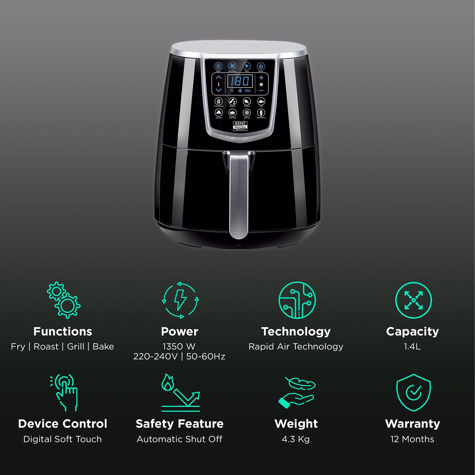 KENT 1.4L 1350 Watt Digital Air Fryer with Rapid Air Technology (Black) KENT 1.4L 1350 Watt Digital Air Fryer with Rapid Air Technology (Black)_3
