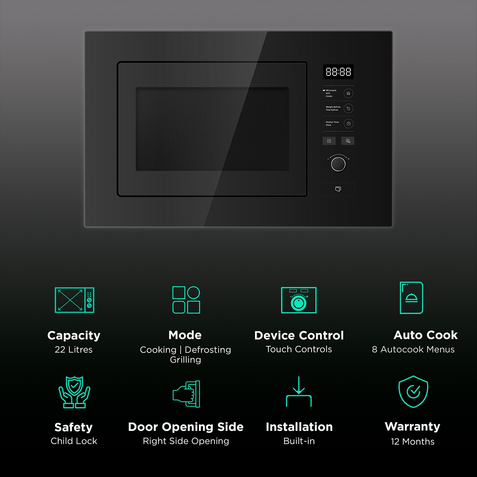 elica Touch 22L 60cm Built-in Microwave with 8 Autocook Menus (EPBI MWO GL 220, Black) elica Touch 22L 60cm Built-in Microwave with 8 Autocook Menus (EPBI MWO GL 220, Black)_3