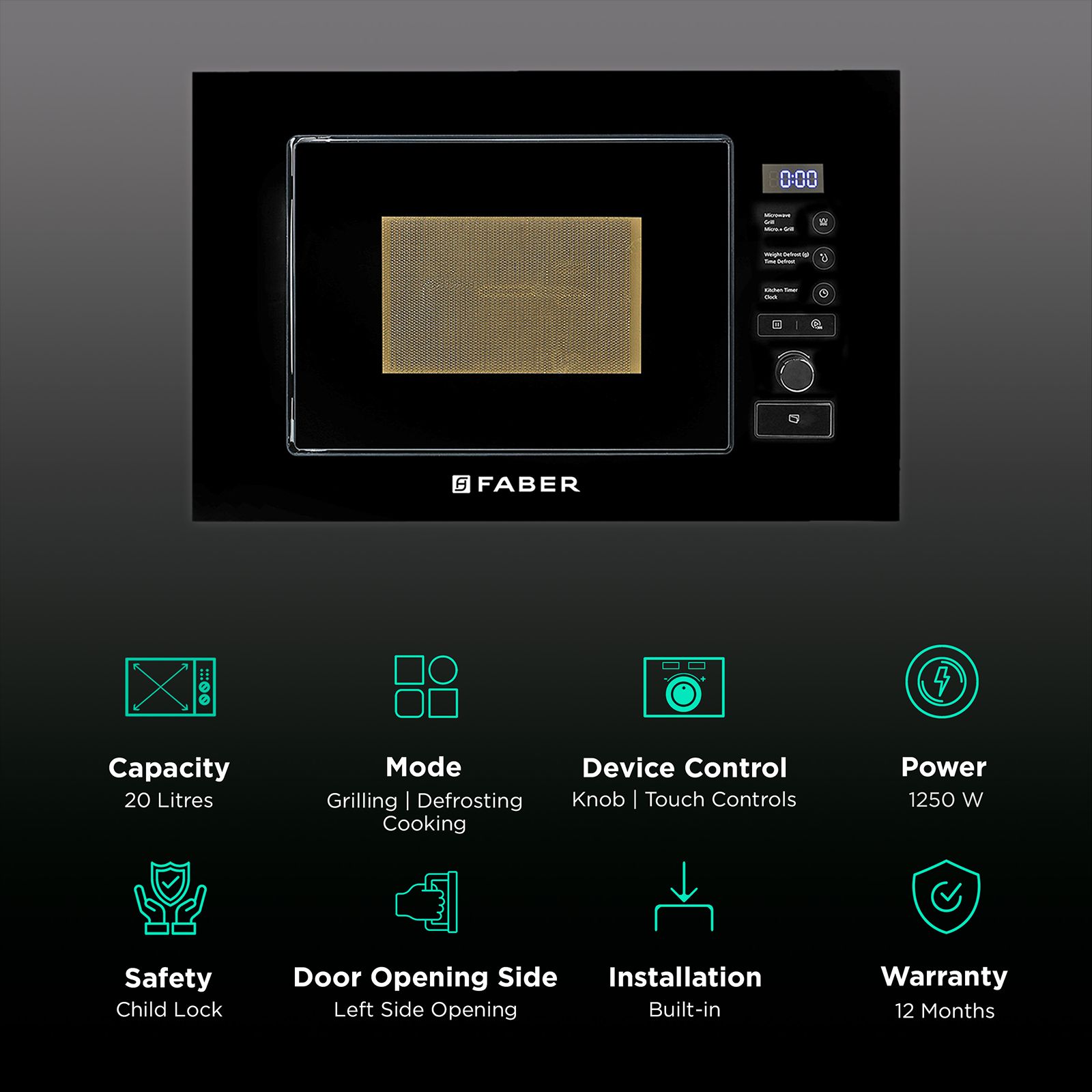 FABER FBIMWO SG BK 20L 60cm Built-in Microwave with 10 Autocook Menus (131.0520.808, Black) FABER FBIMWO SG BK 20L 60cm Built-in Microwave with 10 Autocook Menus (131.0520.808, Black)_3
