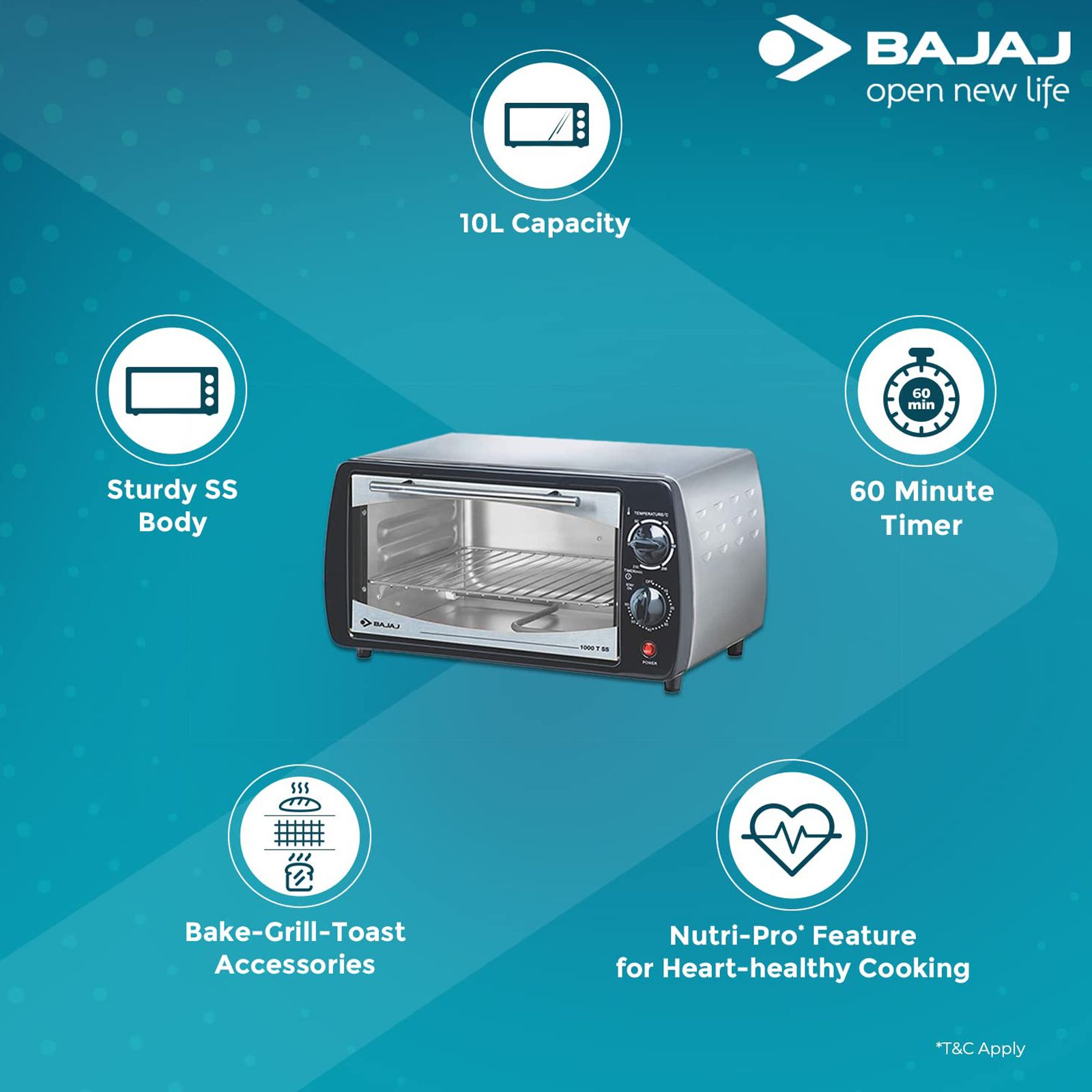 BAJAJ Majesty 1000 TSS 10L Oven Toaster Grill with Unique Heating Element Design (Black/Silver) BAJAJ Majesty 1000 TSS 10L Oven Toaster Grill with Unique Heating Element Design (Black/Silver)_10