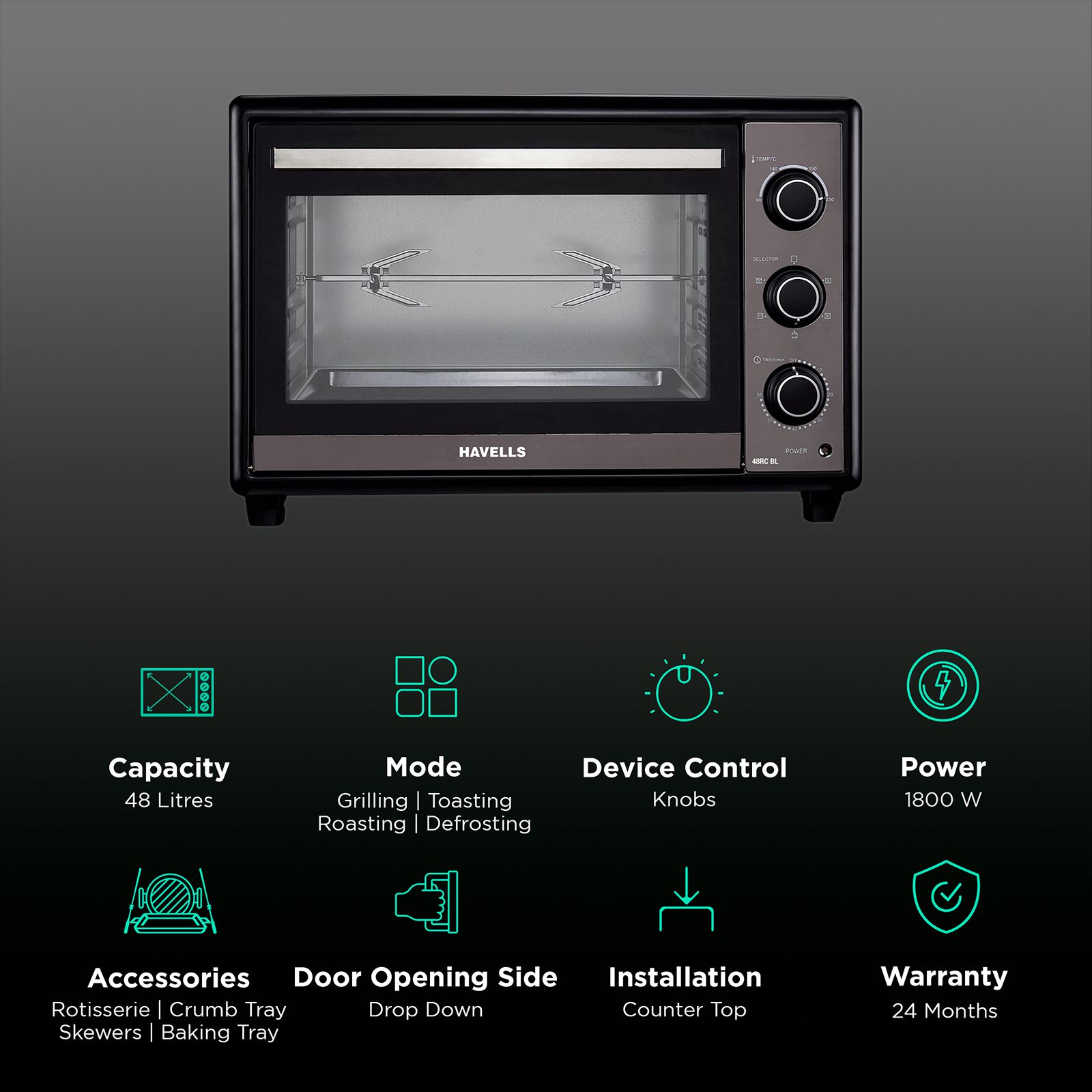 HAVELLS 48RC BL 48L Oven Toaster Grill with Motorized Rotisserie (Black)_3
