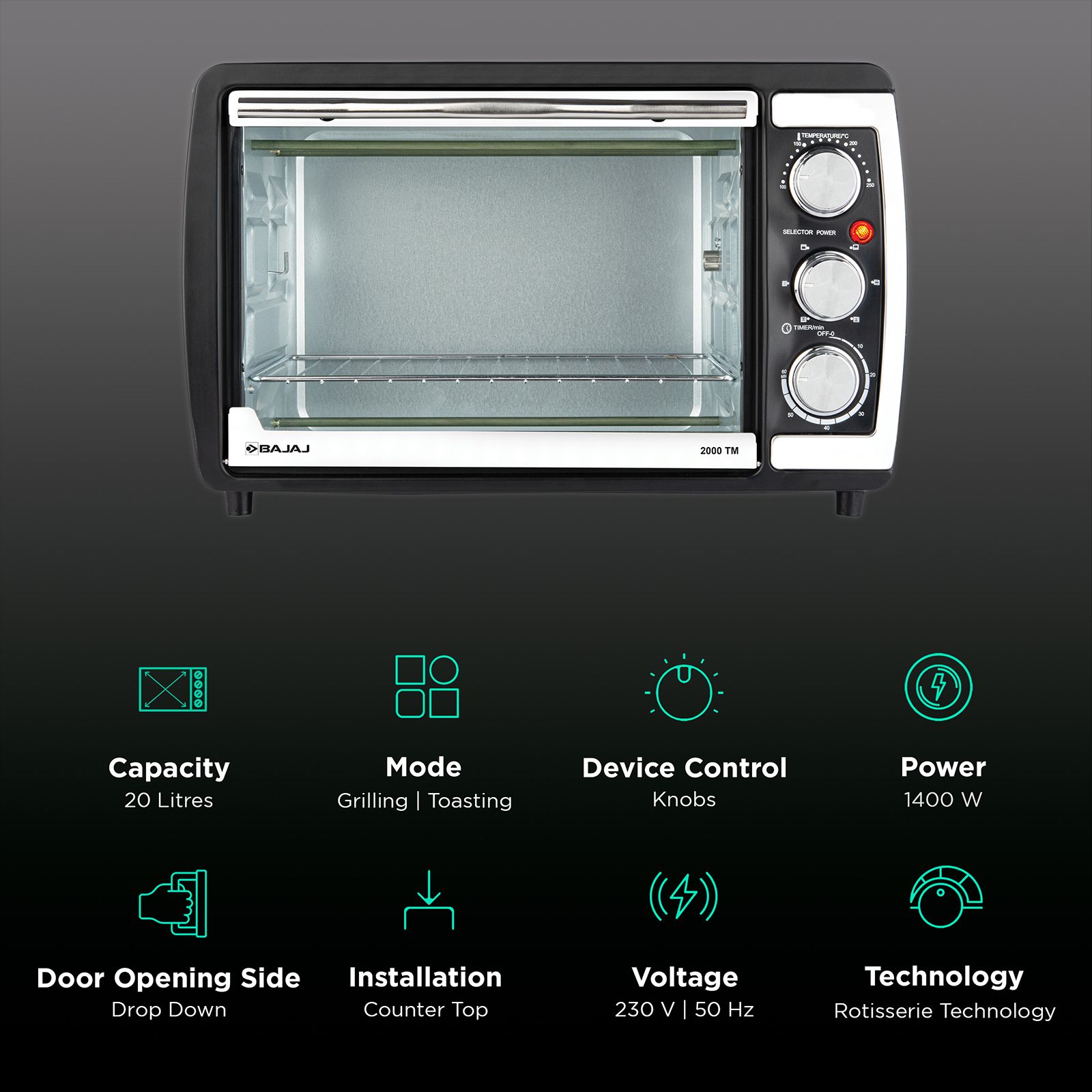 BAJAJ 2000 TM 20L Oven Toaster Grill with Rotisserie Technology (420110, Black & Silver)_3