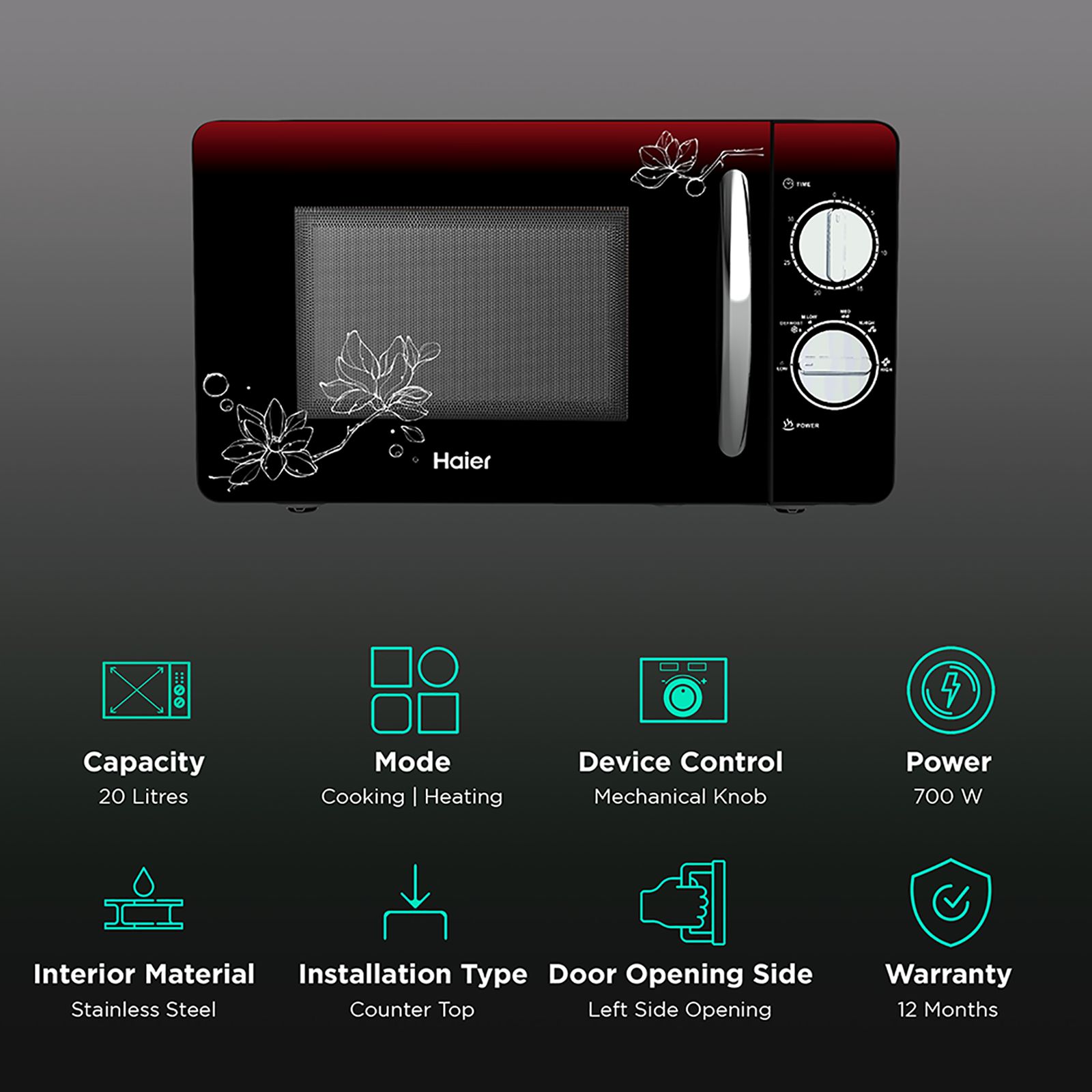 Haier 20L Solo Microwave Oven with Painted Cold Roll Steel Cavity (HIL2001MFPH, Black) Haier 20L Solo Microwave Oven with Painted Cold Roll Steel Cavity (HIL2001MFPH, Black)_3