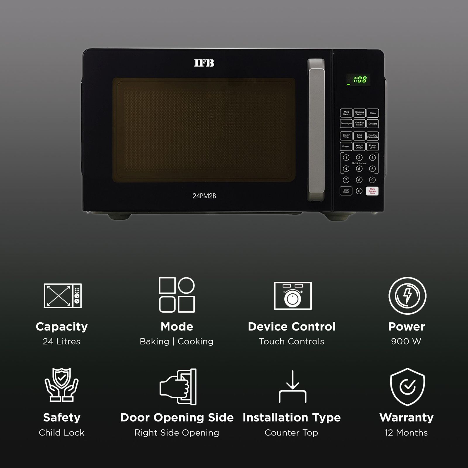 IFB 24PM2B 24L Solo Microwave Oven with 69 Autocook Menus (Black)_3