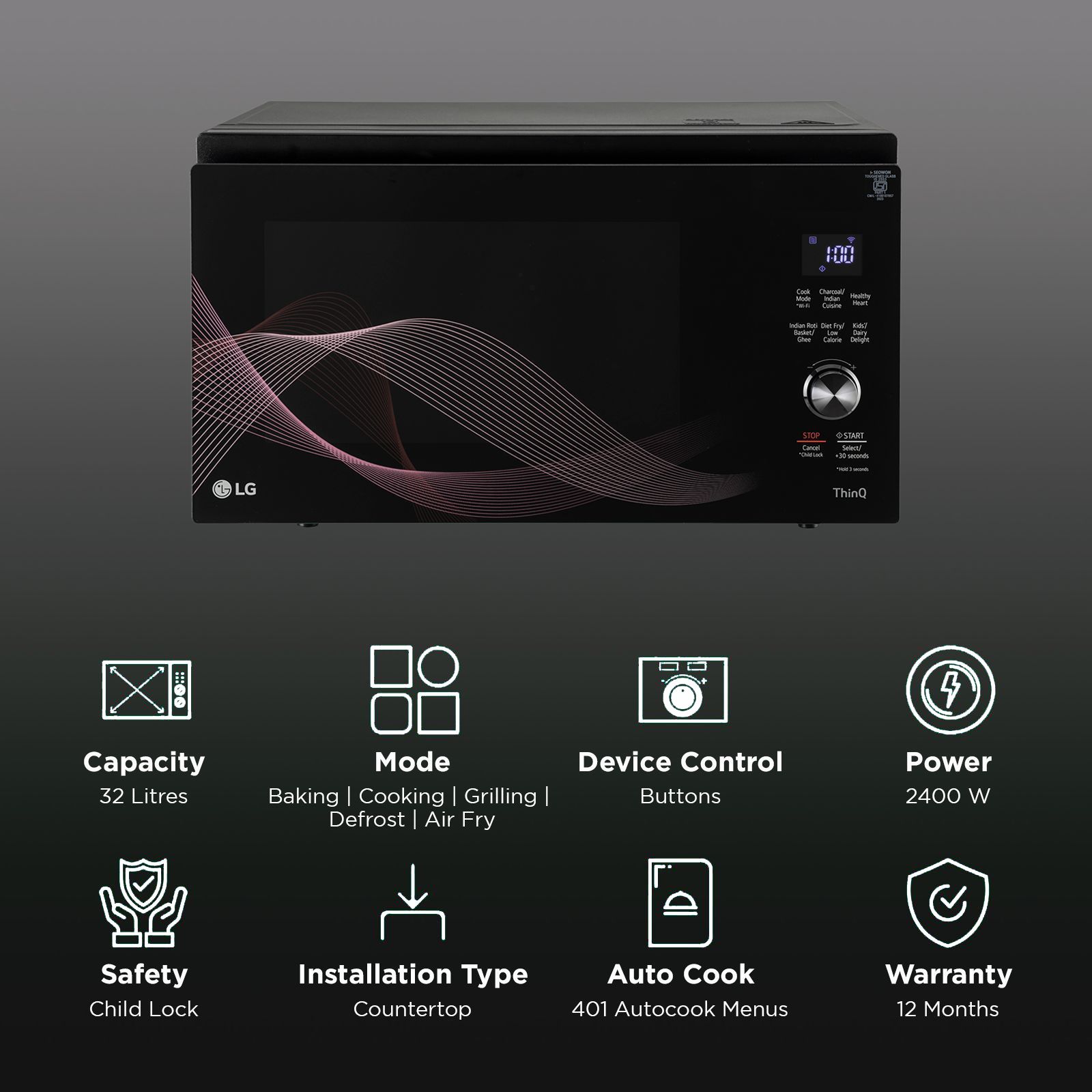 LG 32L Charcoal Convection Microwave Oven with Wi-Fi Support (MJEN326UHW, Black) LG 32L Charcoal Convection Microwave Oven with Wi-Fi Support (MJEN326UHW, Black)_3