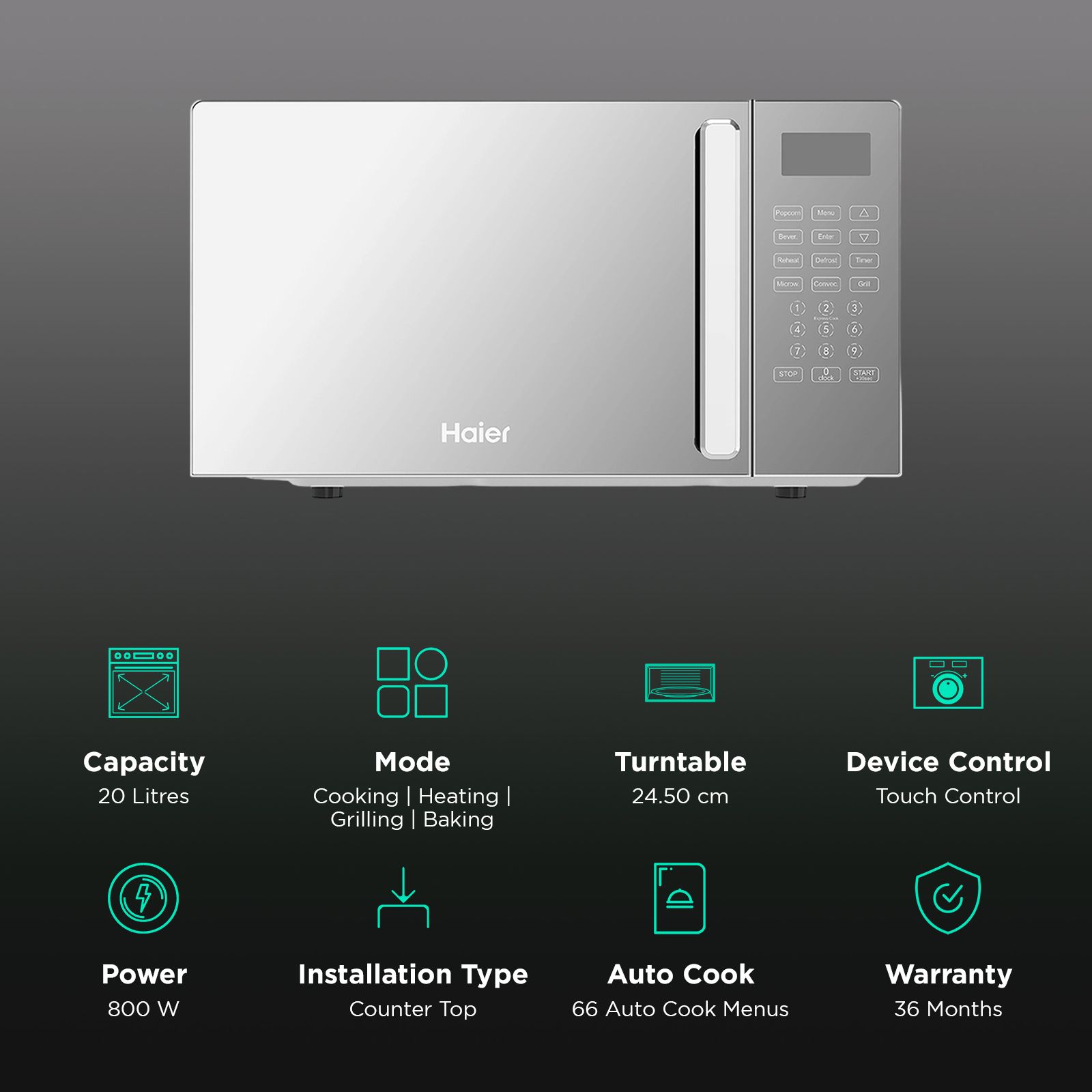 Haier 20L Convection Microwave Oven with 66 Autocook Menu (HIL2001CSSH, Silver) Haier 20L Convection Microwave Oven with 66 Autocook Menu (HIL2001CSSH, Silver)_3
