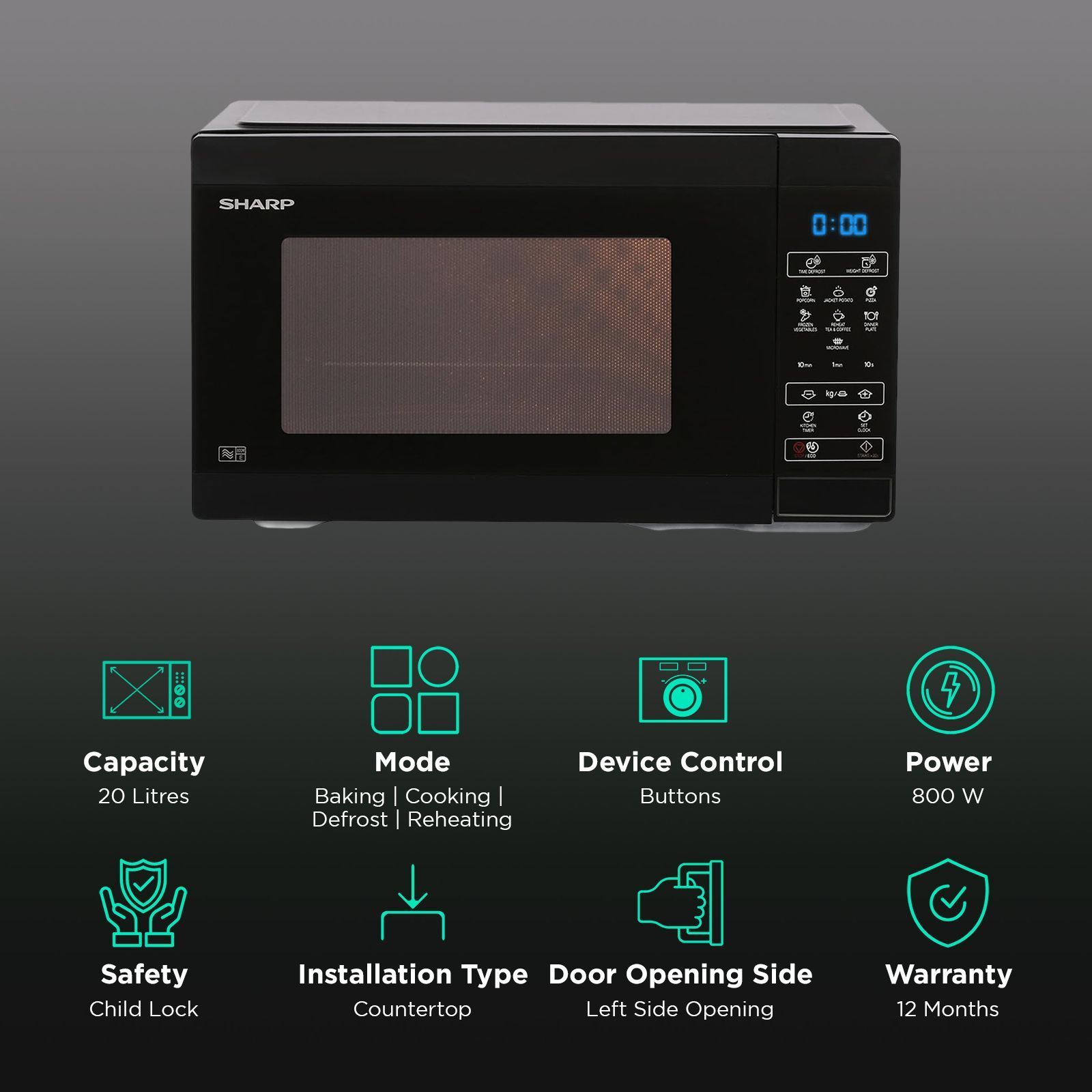 SHARP Sakura-S20 20L Solo Microwave Oven with Quick Start (R-220KN-K, Black)_3