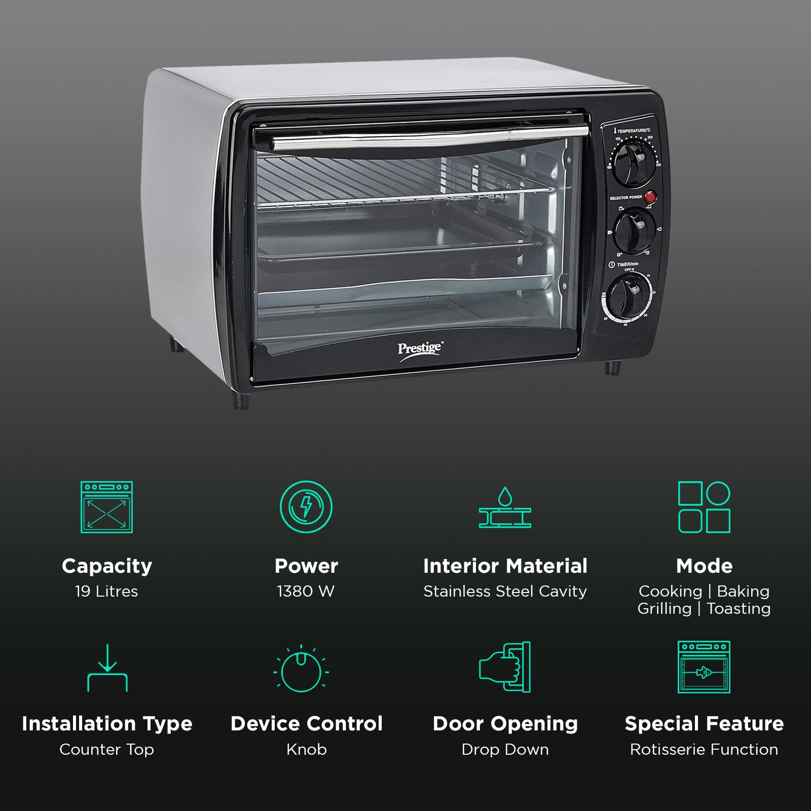 Prestige POTG 19 PCR 19L Oven Toaster Grill with Rotisserie Function (41457, Black)_3