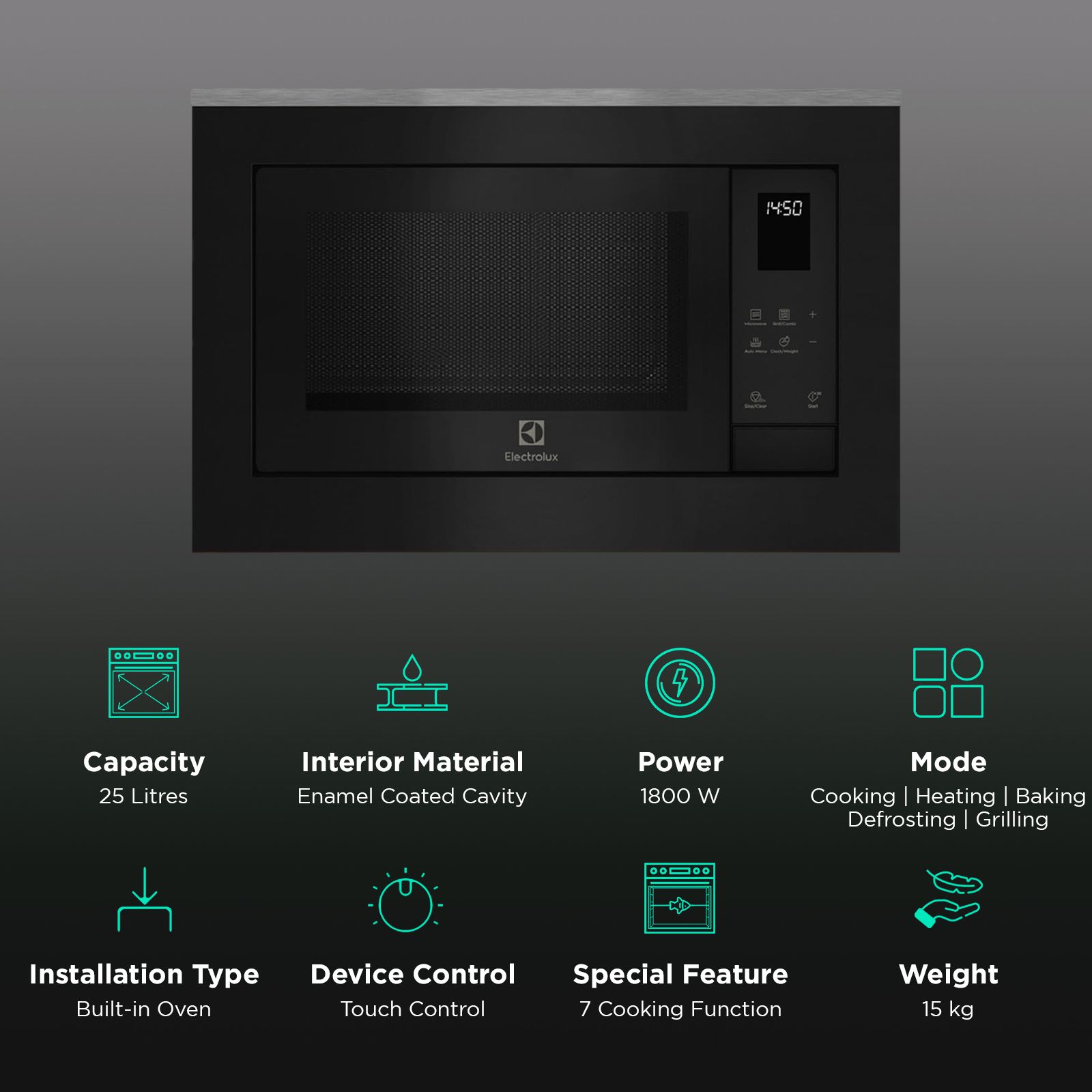 Electrolux UltimateTaste 500 25L 45cm Built-in Grill Microwave with 7 Pre-Set Programs (EMSB25XG, Black) Electrolux UltimateTaste 500 25L 45cm Built-in Grill Microwave with 7 Pre-Set Programs (EMSB25XG, Black)_3