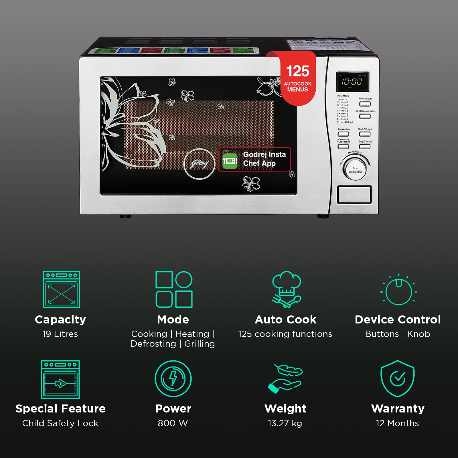 Godrej 19L Convection Microwave Oven with 4 Step Cooking (GMX 519 CP1 PZ , White Rose) Godrej 19L Convection Microwave Oven with 4 Step Cooking (GMX 519 CP1 PZ , White Rose)_3