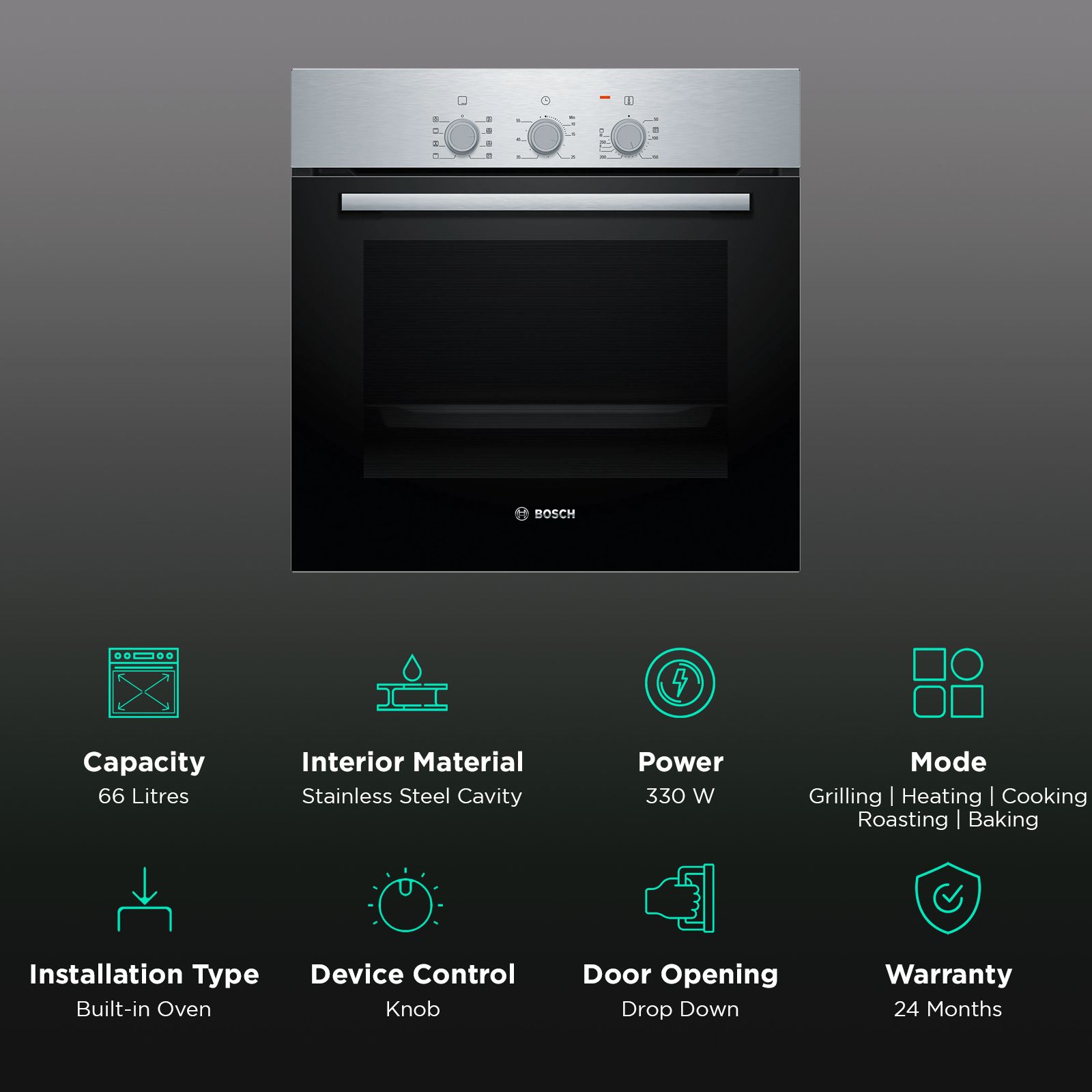 BOSCH Series 2 66L 60cm Built-in Microwave with Conventional Heat (HBF031BR0I, Stainless Steel) BOSCH Series 2 66L 60cm Built-in Microwave with Conventional Heat (HBF031BR0I, Stainless Steel)_3